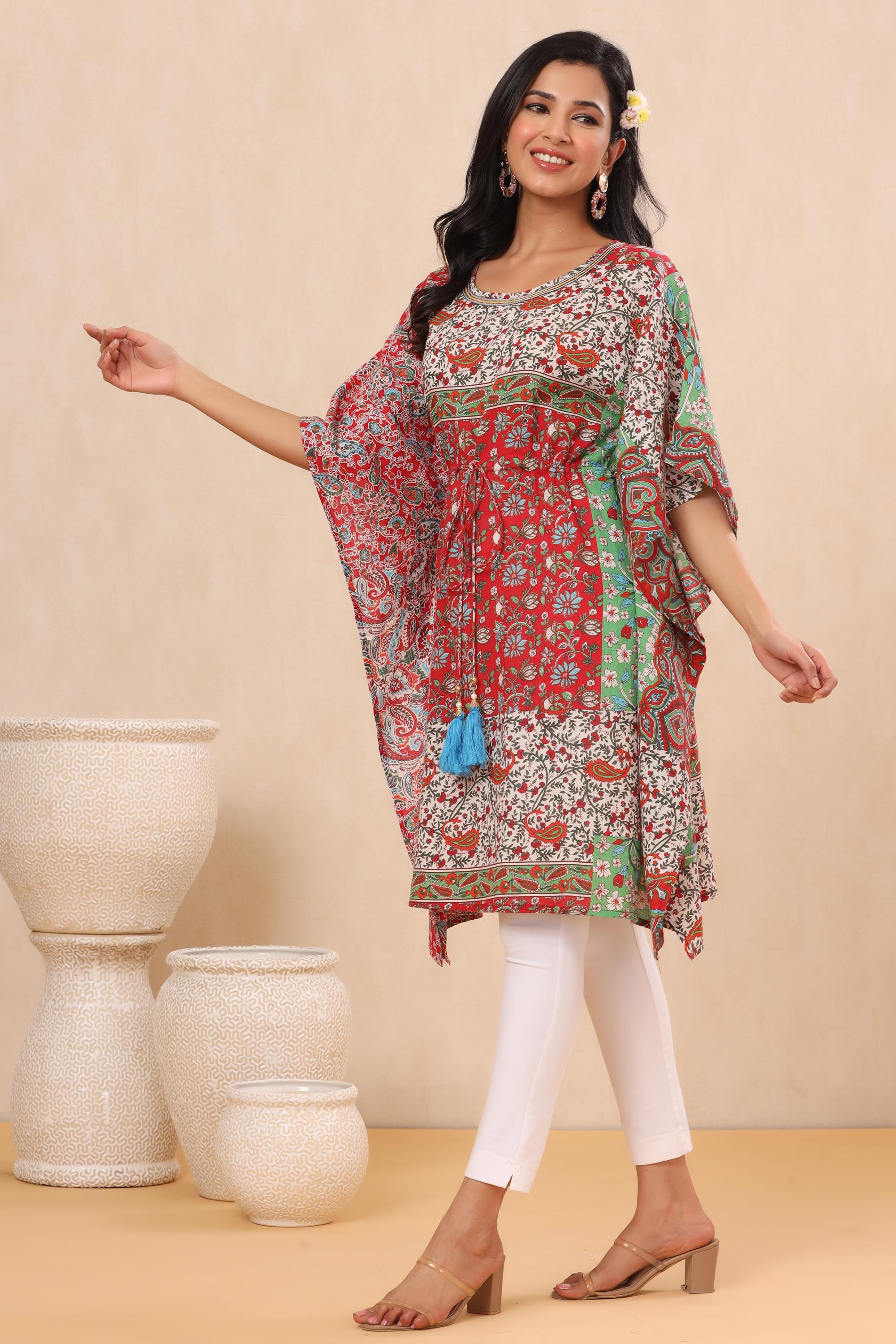 Red Floral Printed Rayon Twill Kaftan With Drawstring At Waist