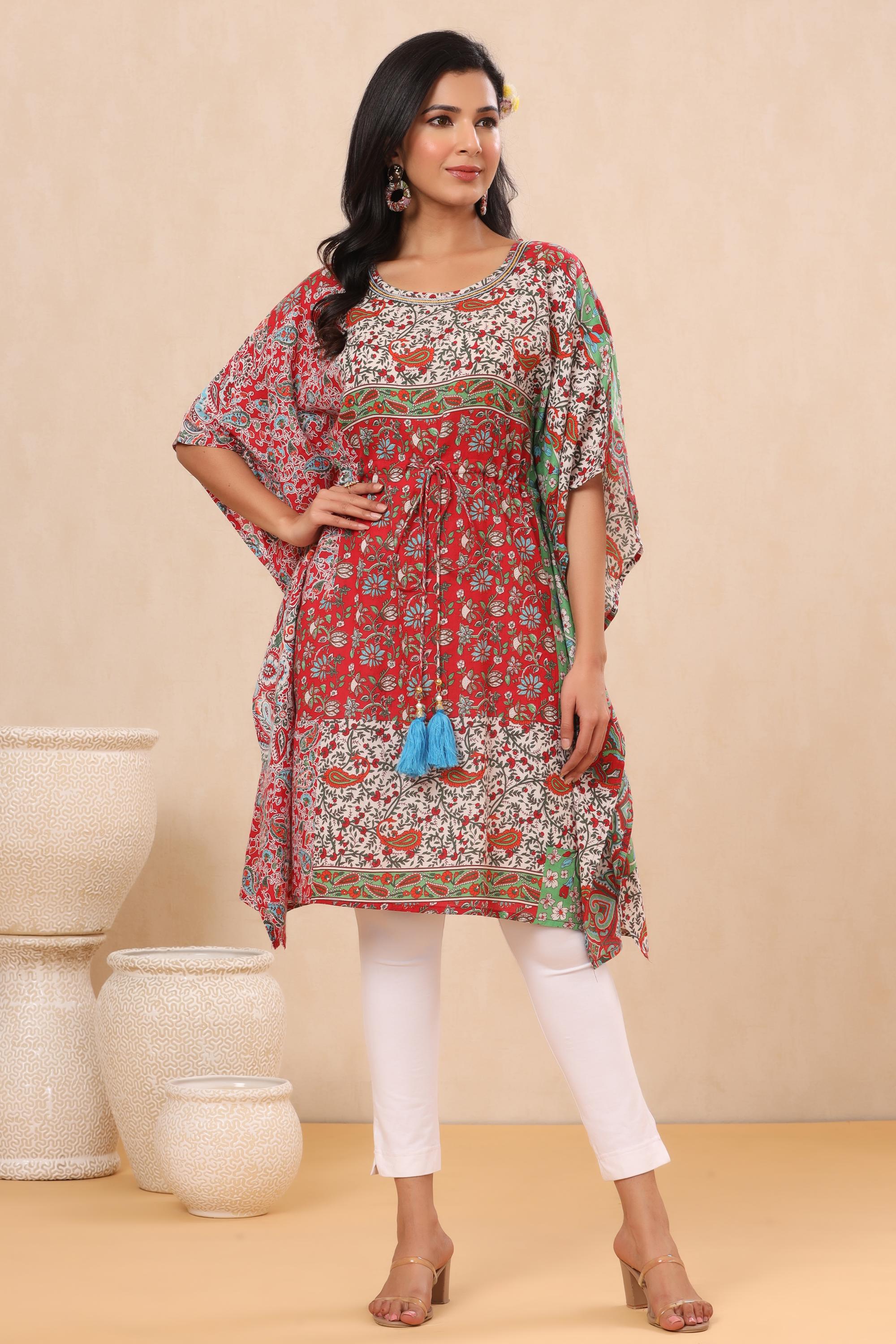 Red Floral Printed Rayon Twill Kaftan With Drawstring At Waist