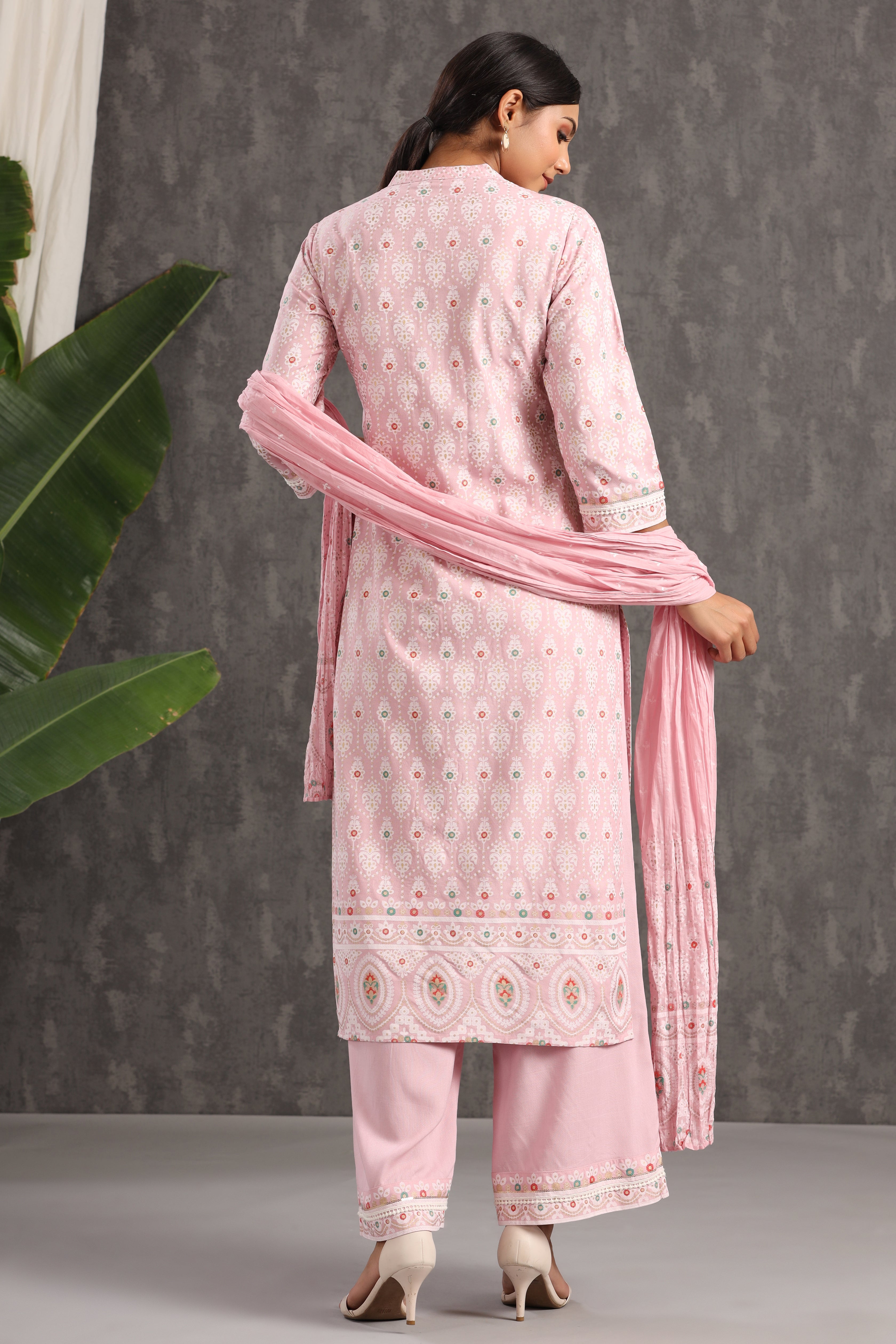 Juniper Pink Ethnic Motif Printed Rayon Kurta Palazzo & Cotton Voile Dupatta Set