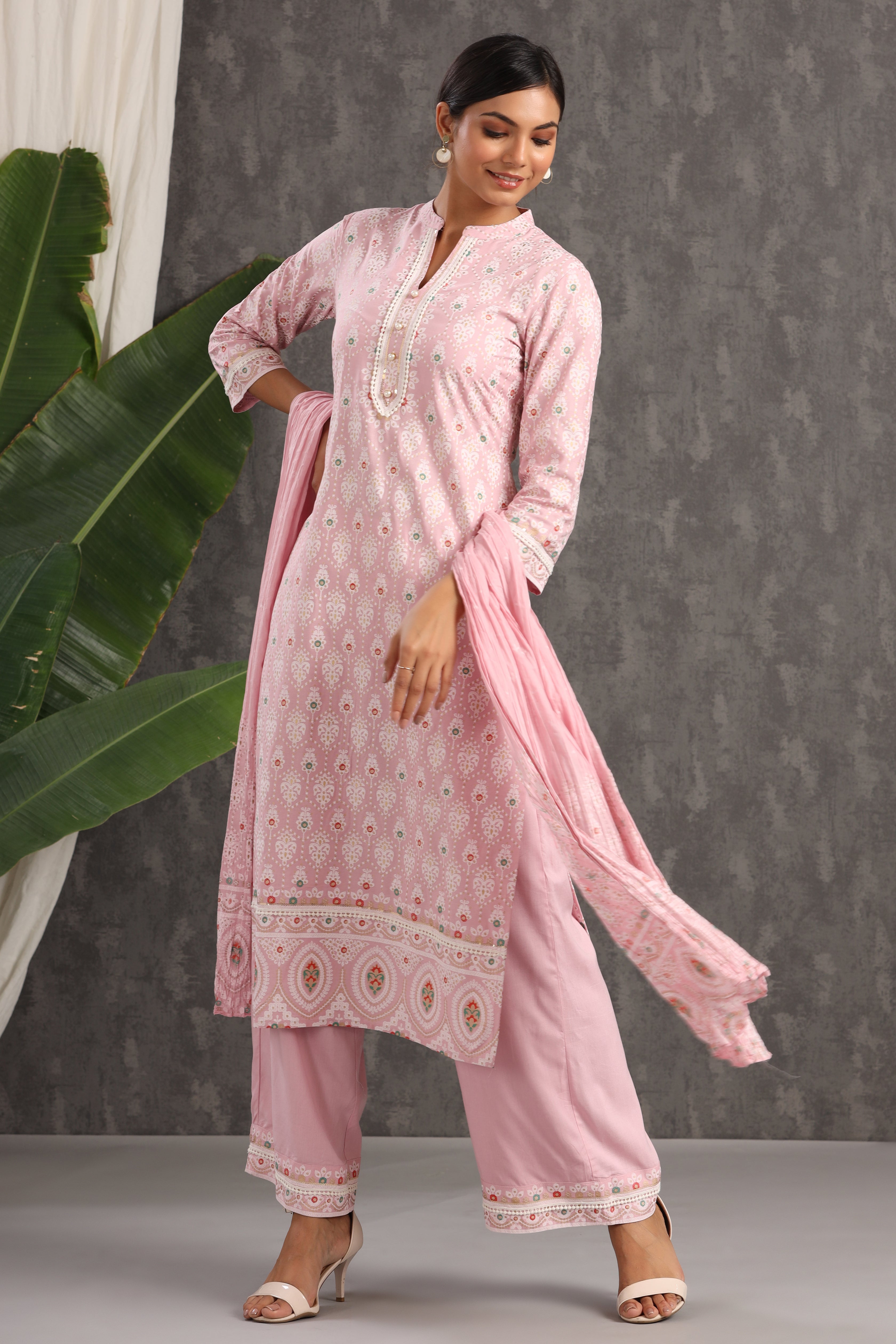 Juniper Pink Ethnic Motif Printed Rayon Kurta Palazzo & Cotton Voile Dupatta Set