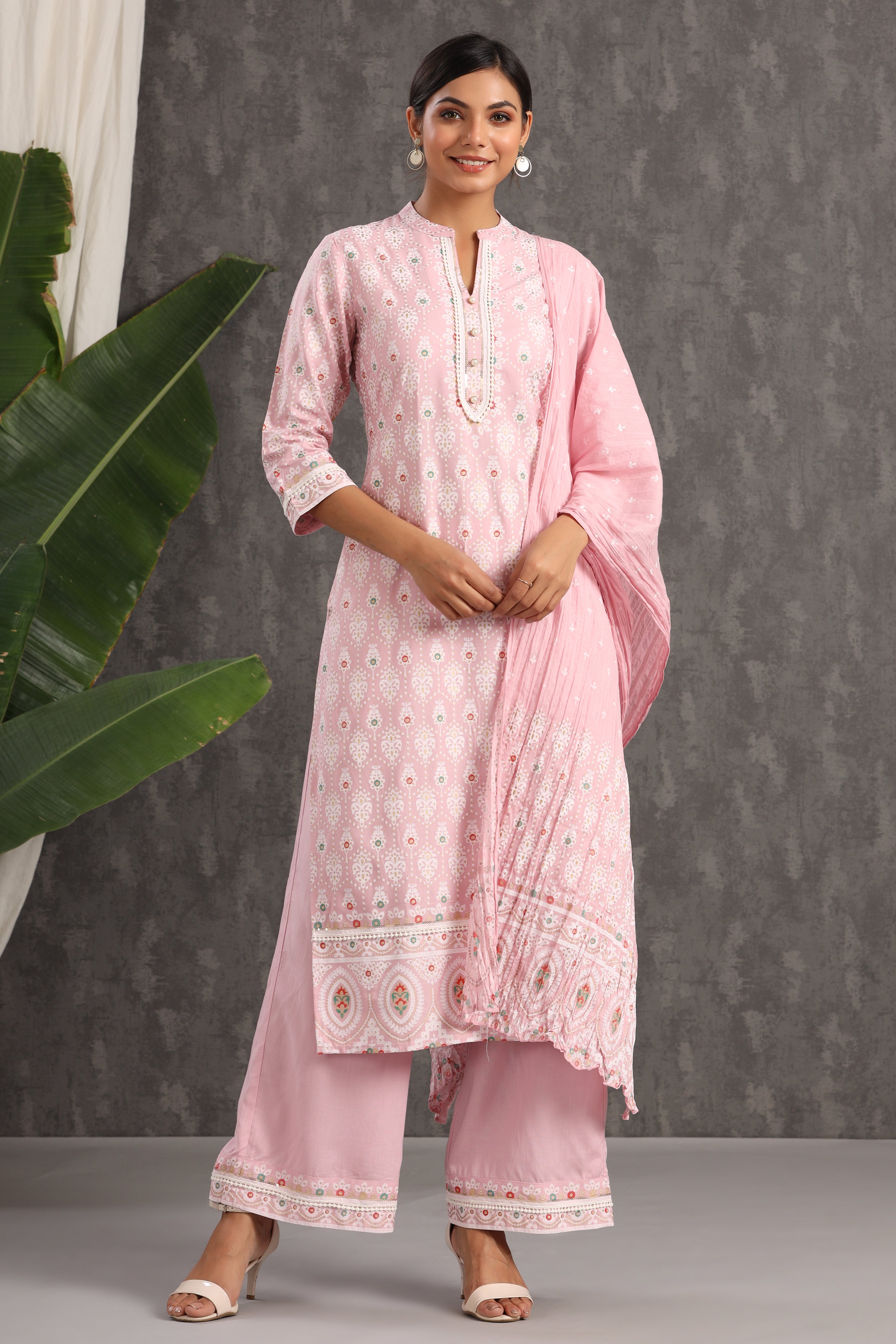 Juniper Pink Ethnic Motif Printed Rayon Kurta Palazzo & Cotton Voile Dupatta Set