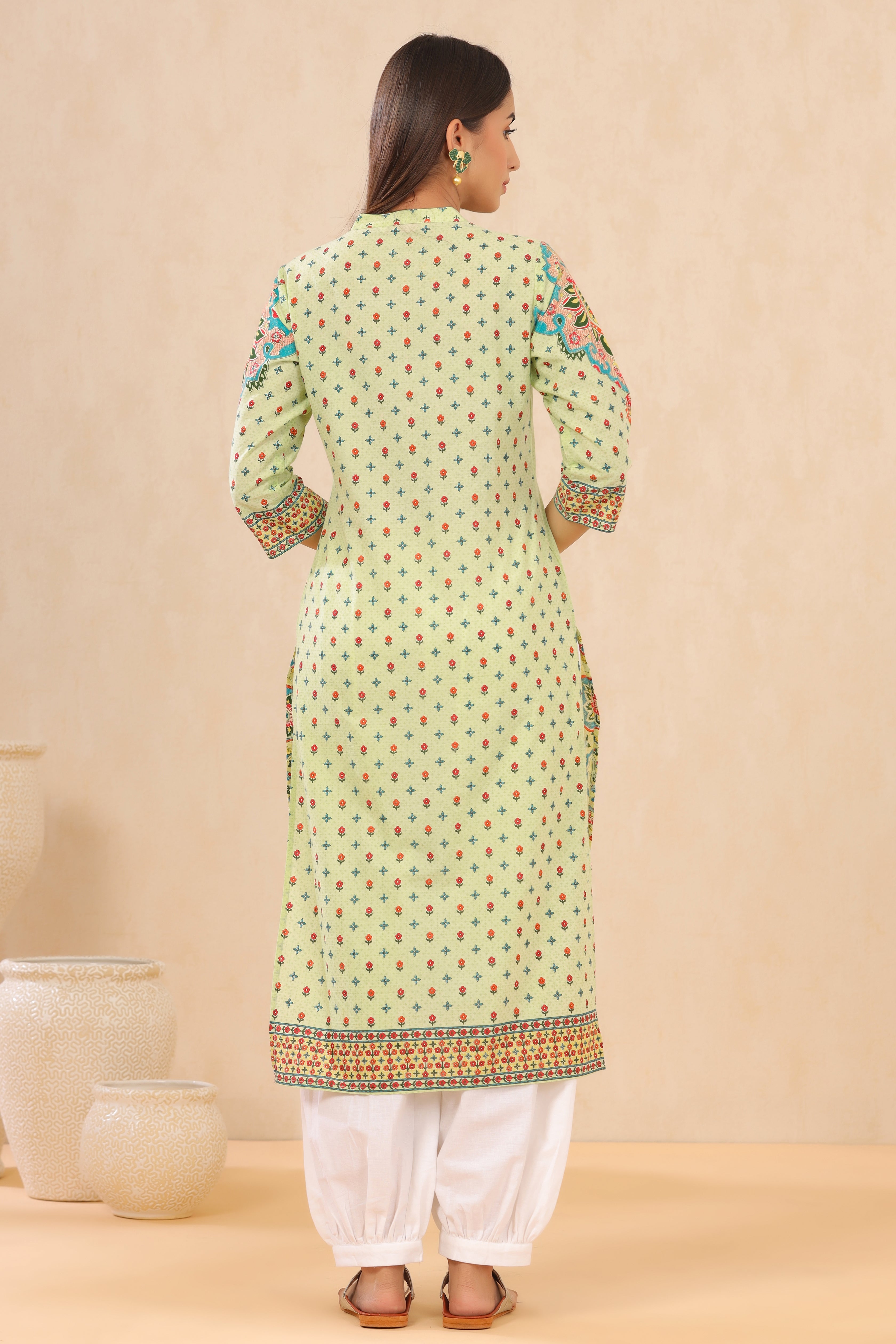Juniper Pista Green Ethnic Motif Printed Pure Cotton Straight Kurta