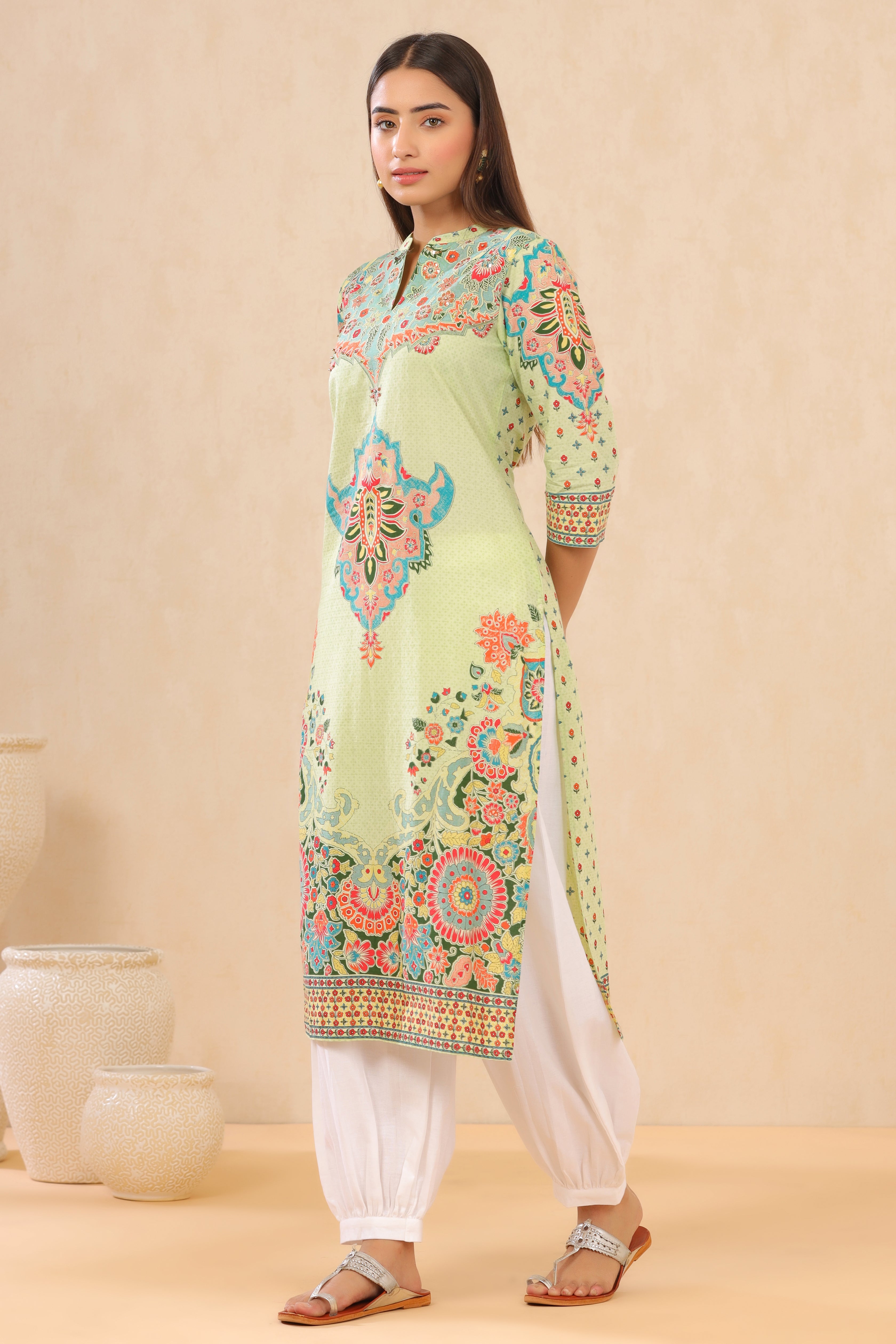 Juniper Pista Green Ethnic Motif Printed Pure Cotton Straight Kurta