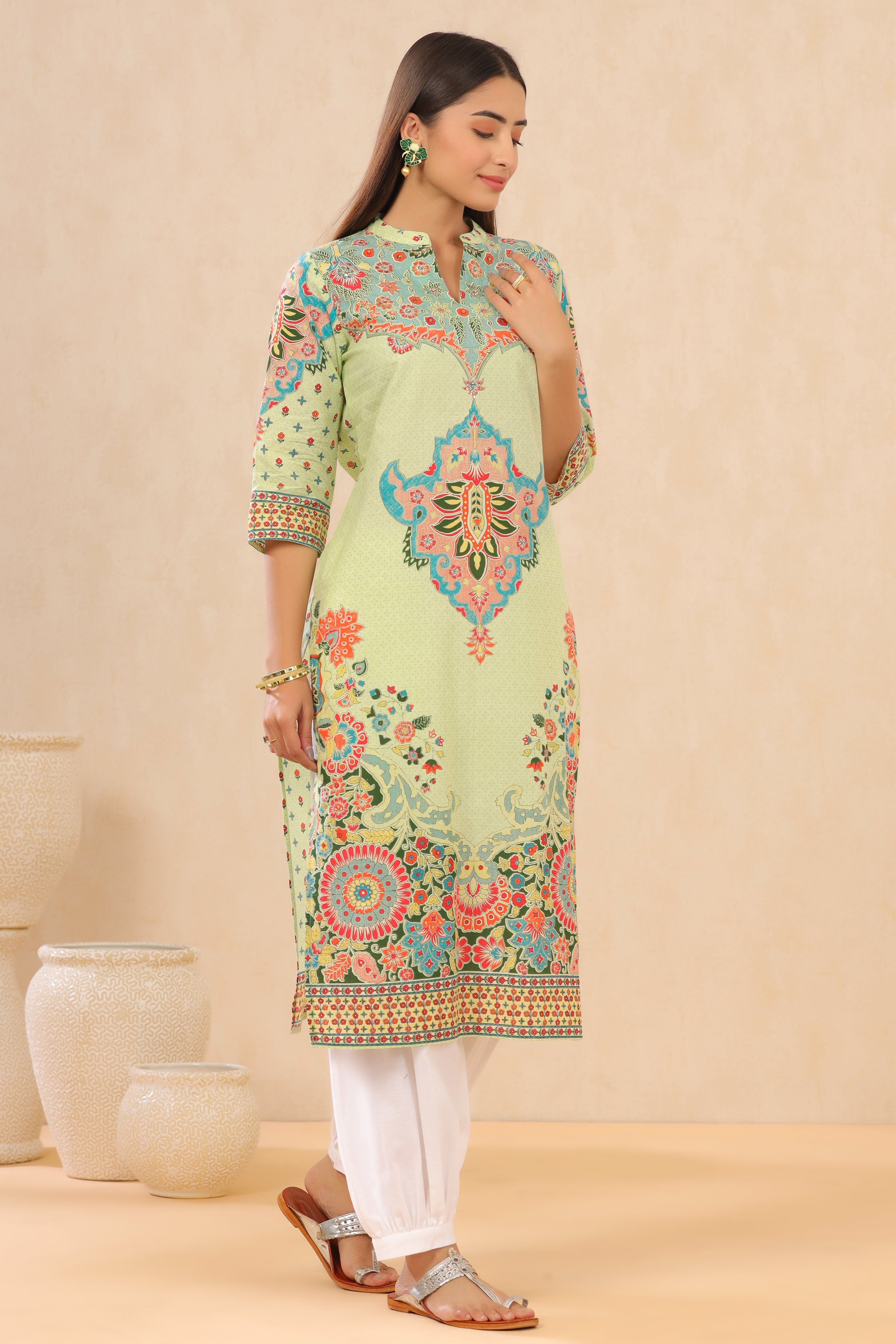 Juniper Pista Green Ethnic Motif Printed Pure Cotton Straight Kurta