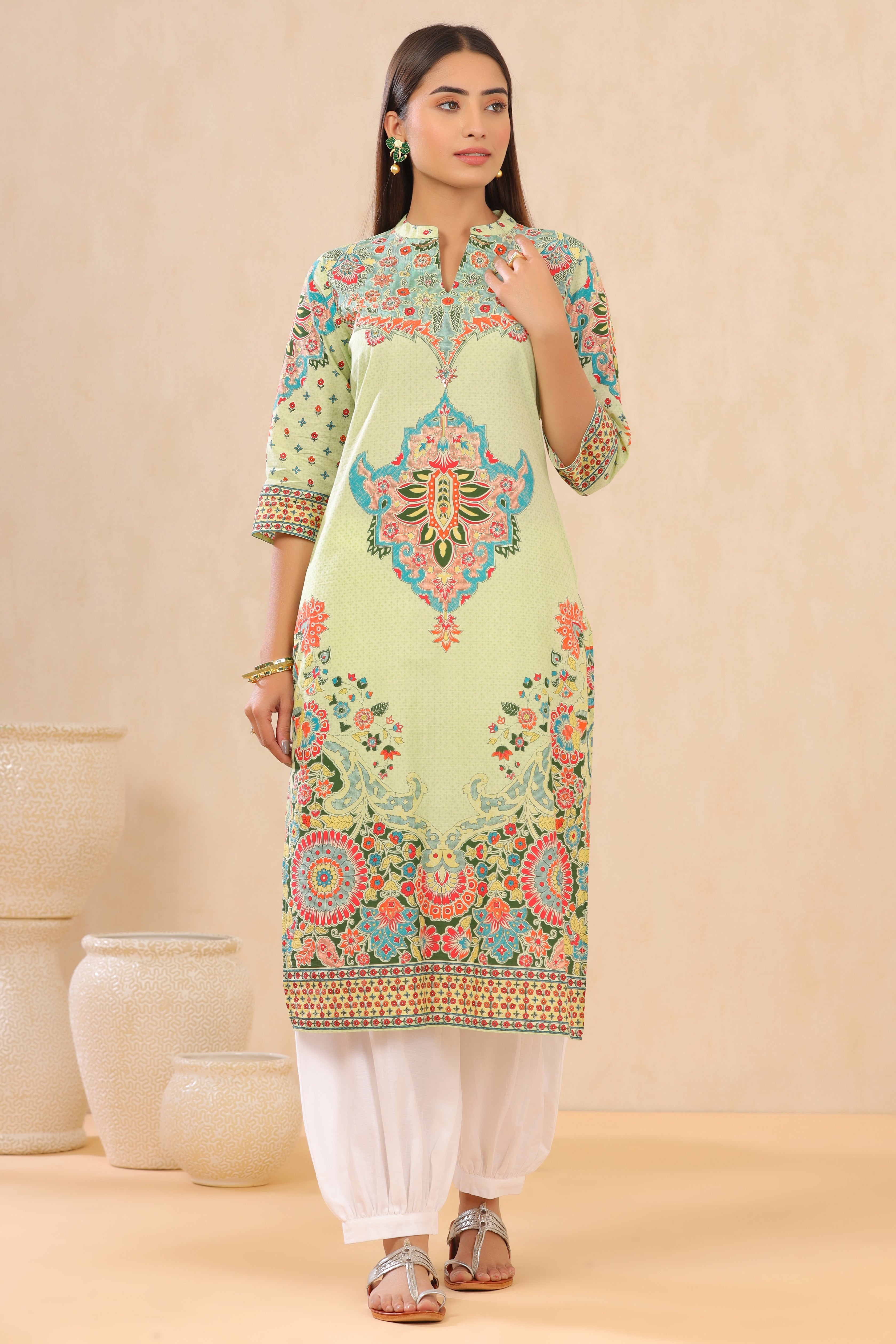 Juniper Pista Green Ethnic Motif Printed Pure Cotton Straight Kurta