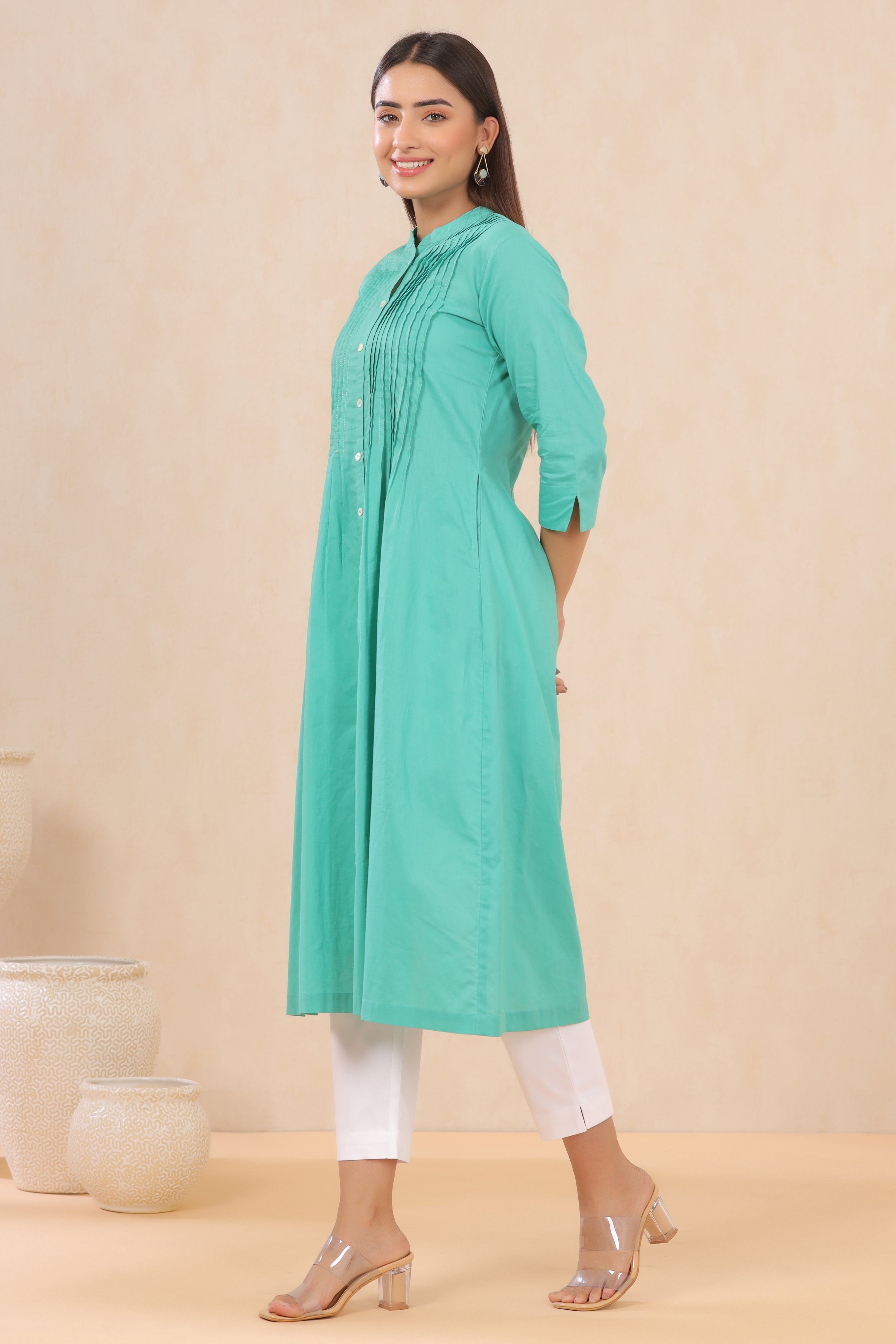 Juniper Turquoise Solid Pure Cotton A-Line Kurta with pleats at front