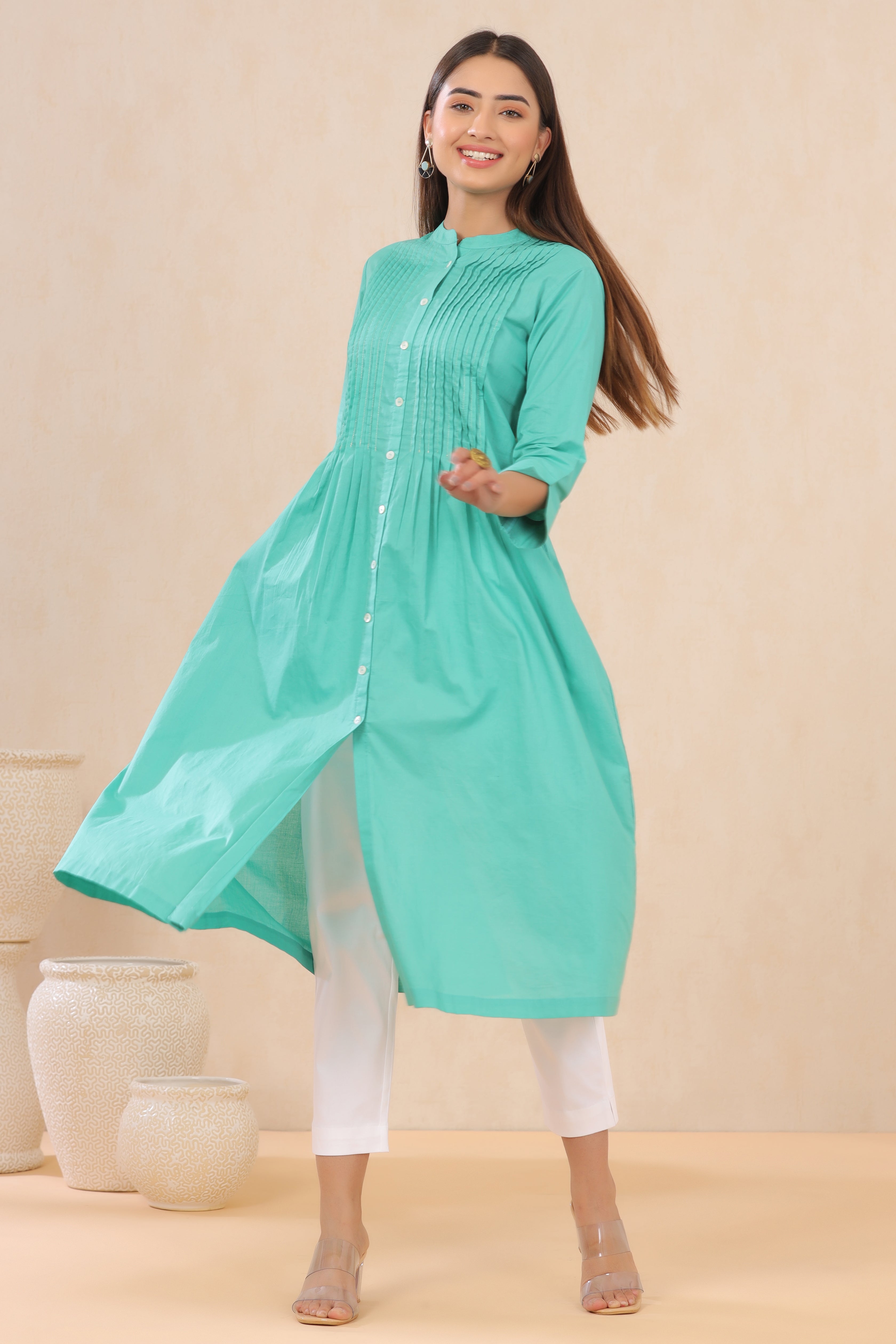 Juniper Turquoise Solid Pure Cotton A-Line Kurta with pleats at front