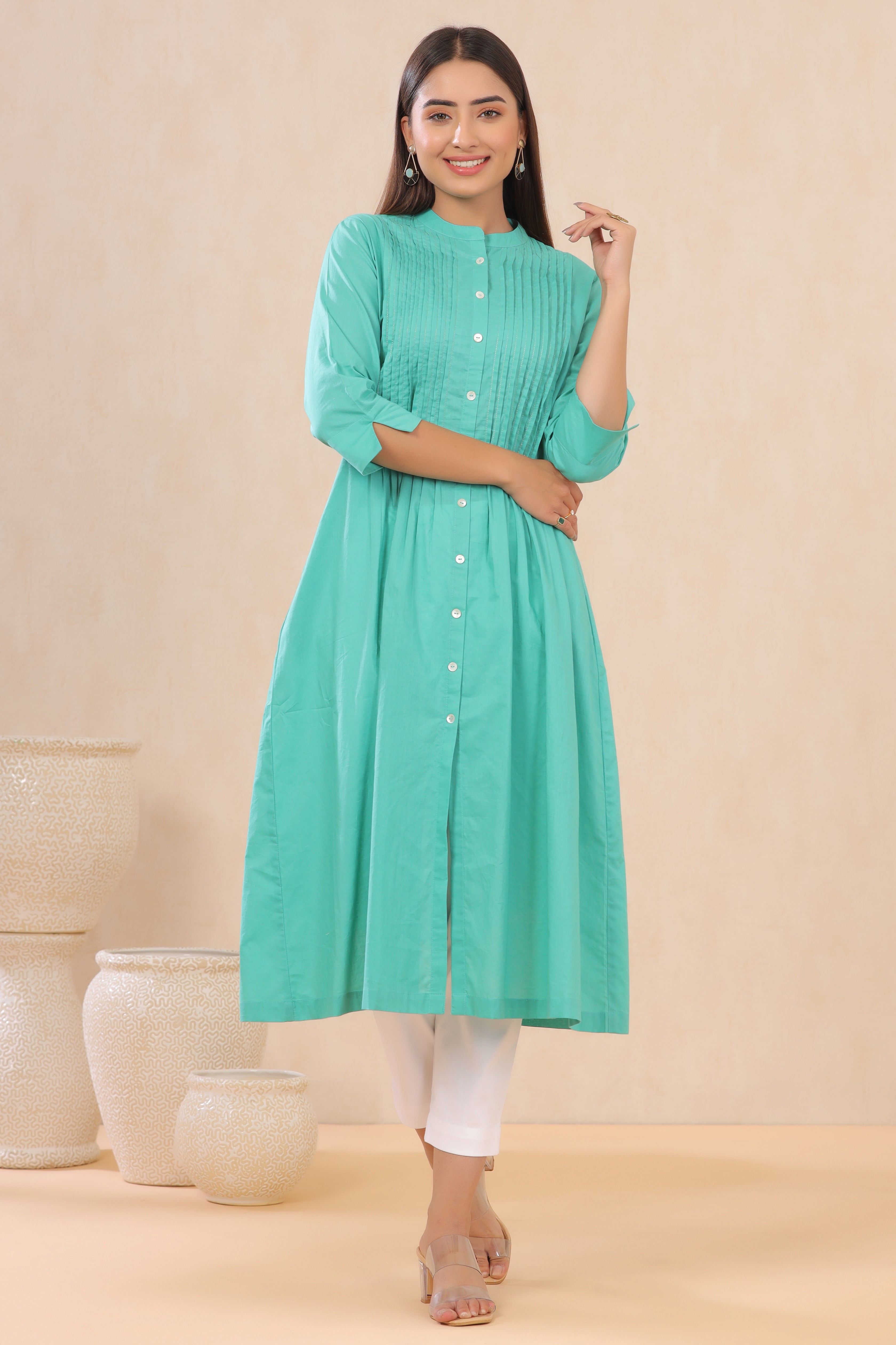 Juniper Turquoise Solid Pure Cotton A-Line Kurta with pleats at front