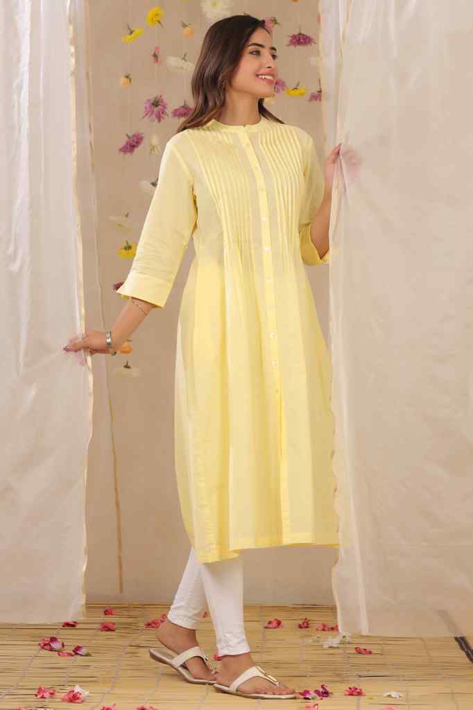 Juniper Limeyellow Cambric Solid A-Line Kurta - Juniper Fashion