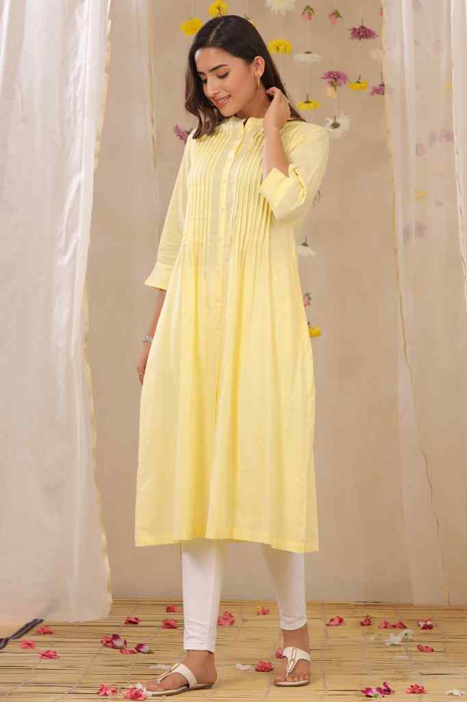 Juniper Limeyellow Cambric Solid A-Line Kurta - Juniper Fashion