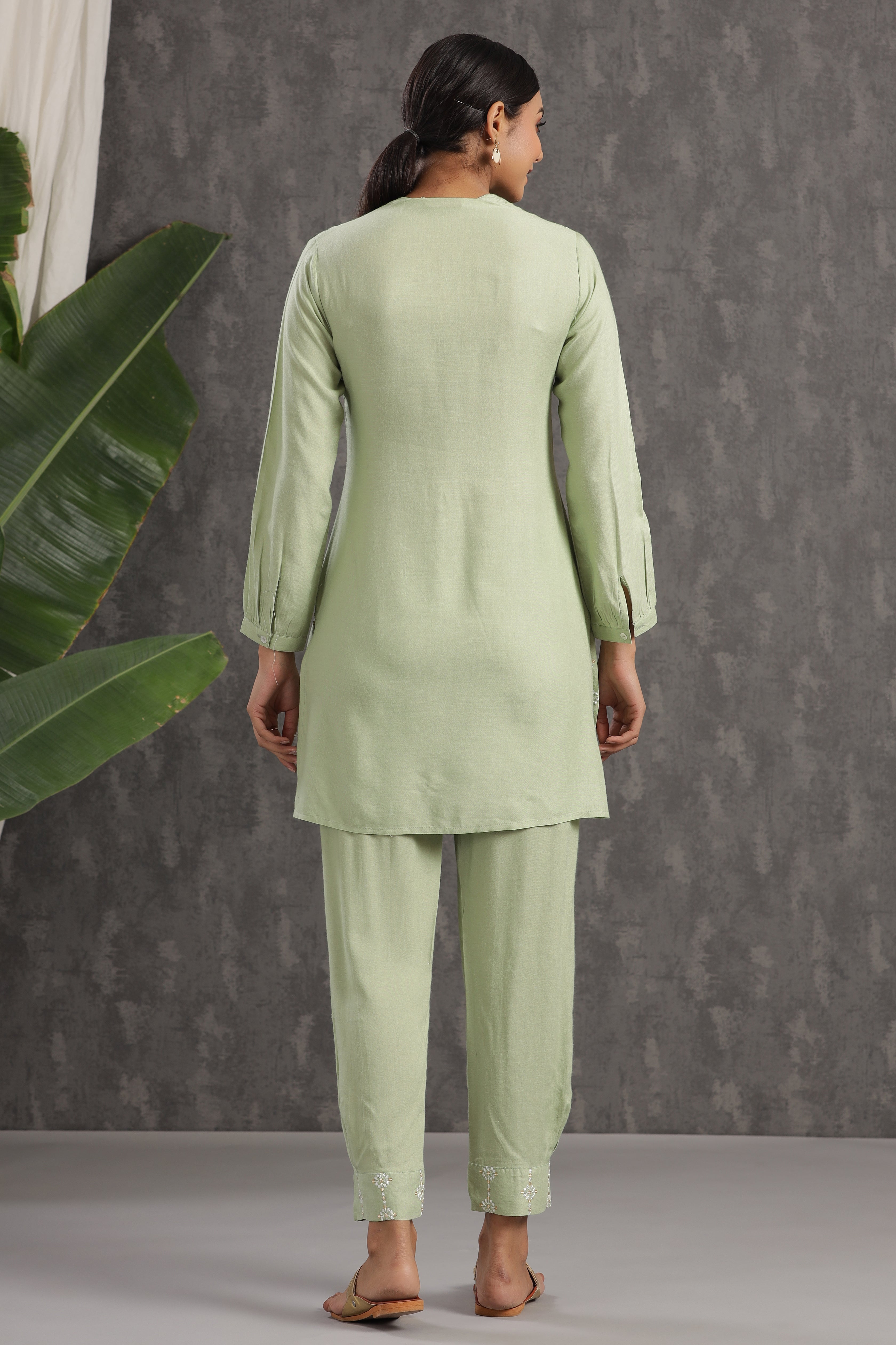 Juniper Olive Embroidered Rayon Co-Ord Set with Sequins - Juniper Fashion