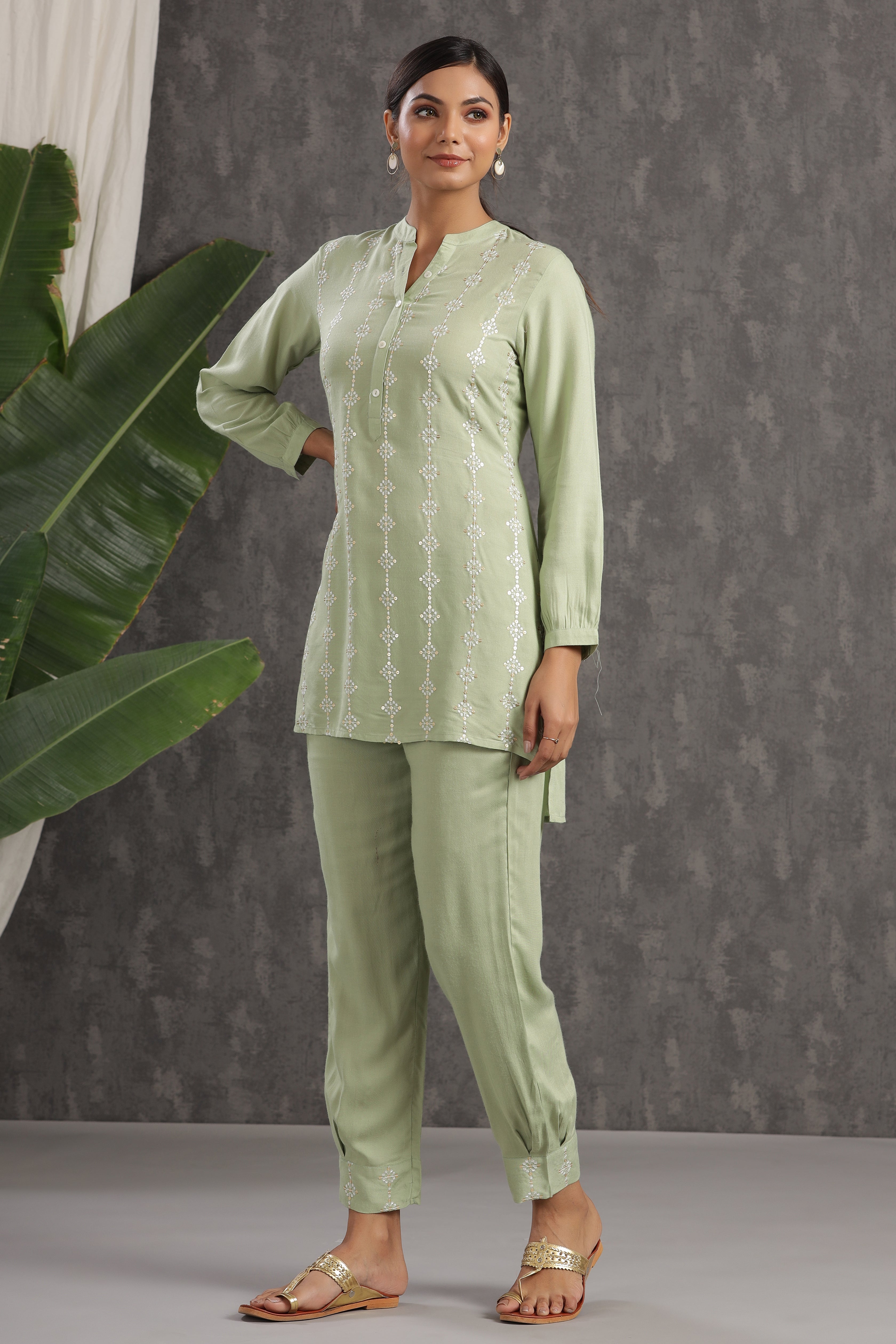 Juniper Olive Embroidered Rayon Co-Ord Set with Sequins - Juniper Fashion