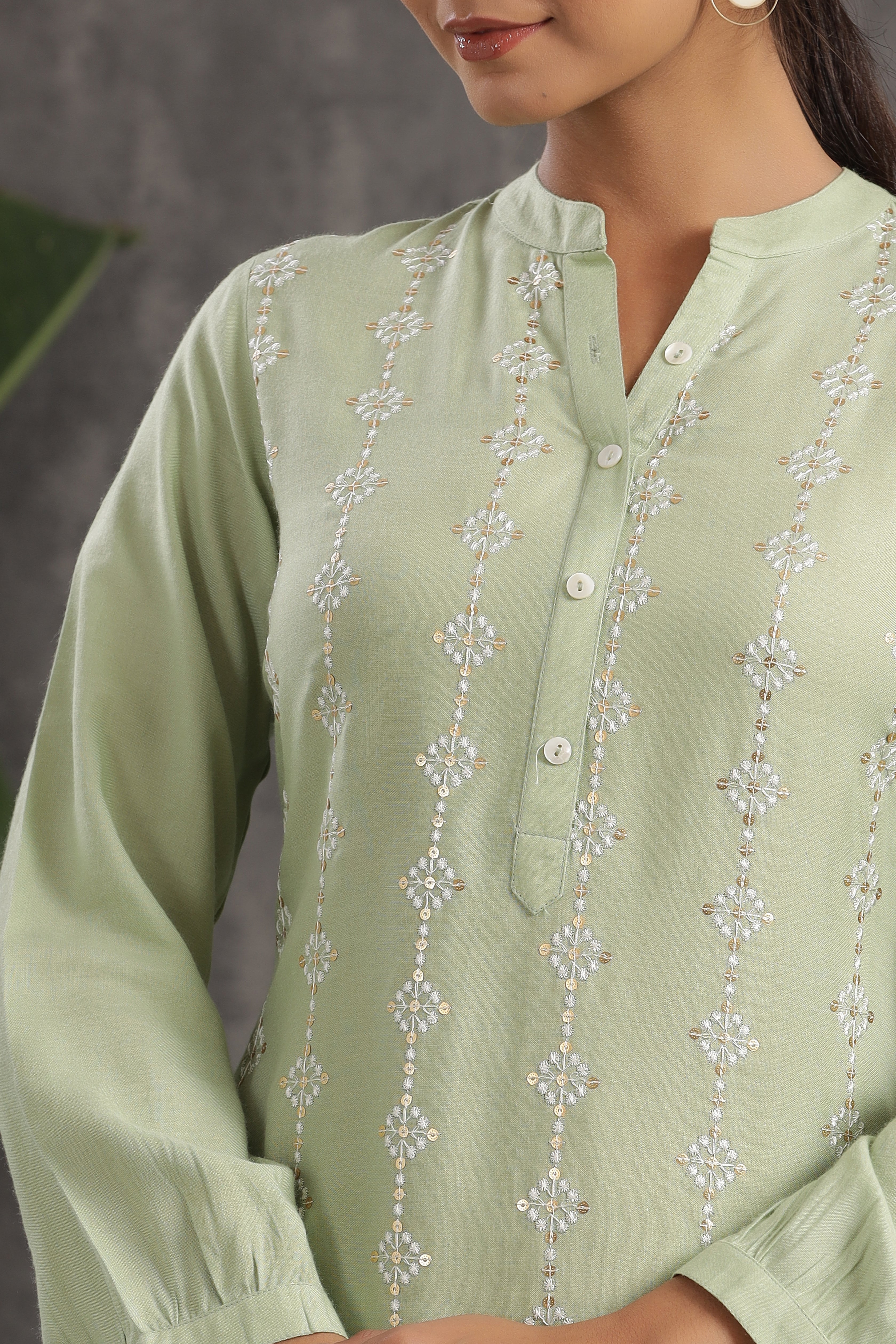 Juniper Olive Embroidered Rayon Co-Ord Set with Sequins - Juniper Fashion
