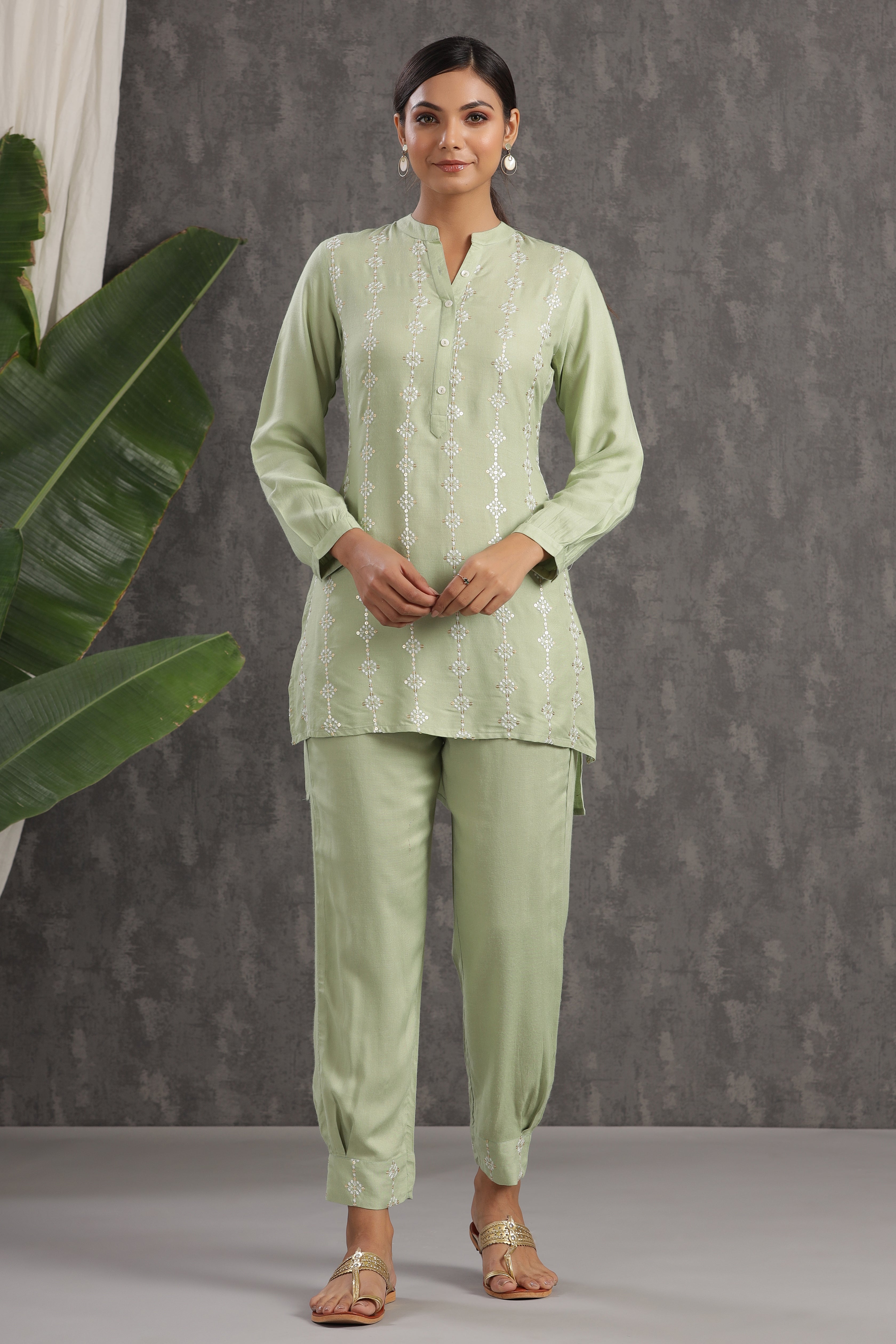 Juniper Olive Embroidered Rayon Co-Ord Set with Sequins - Juniper Fashion