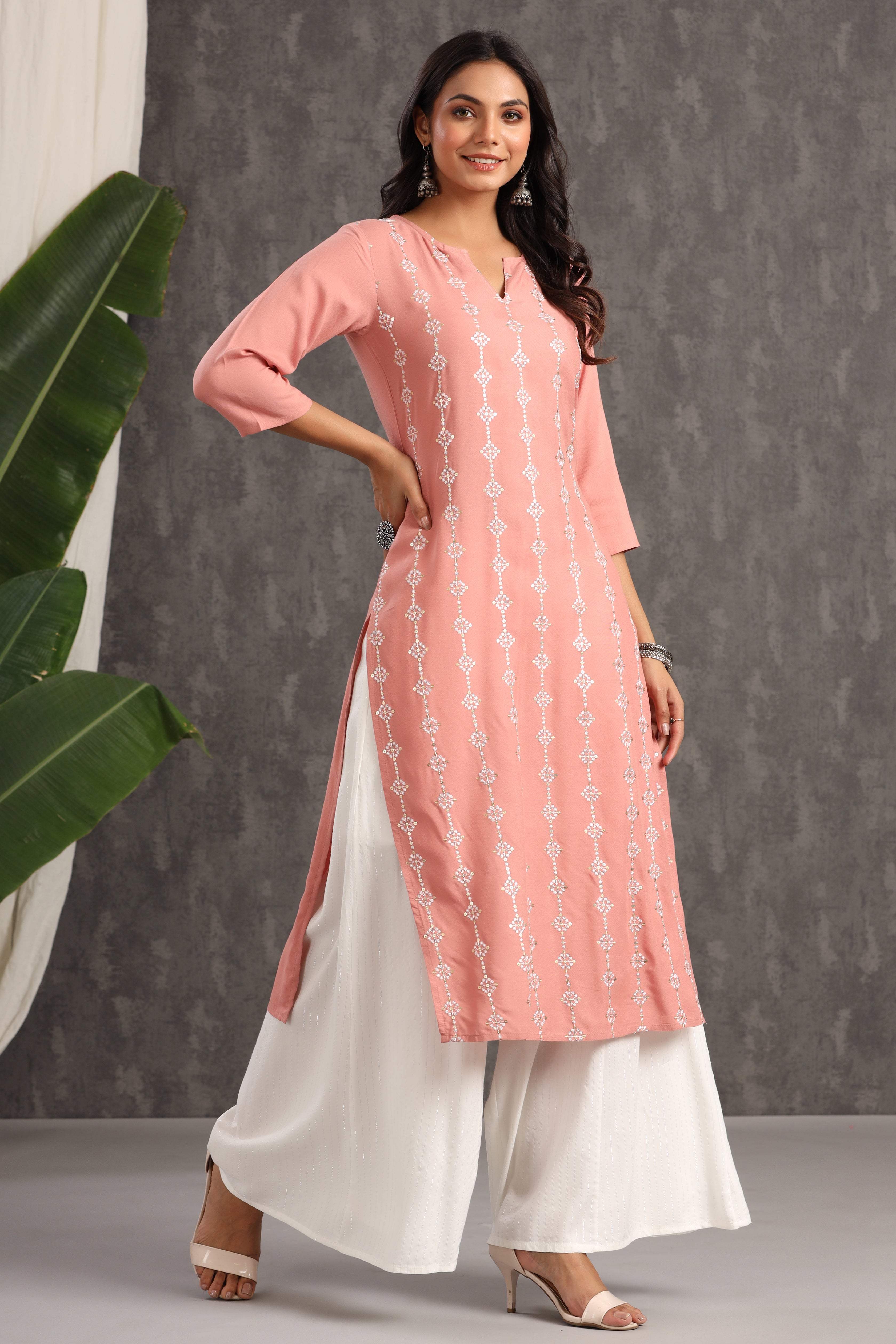 Juniper Onion Pink Thread Embroidered  Rayon Straight Kurta - Juniper Fashion