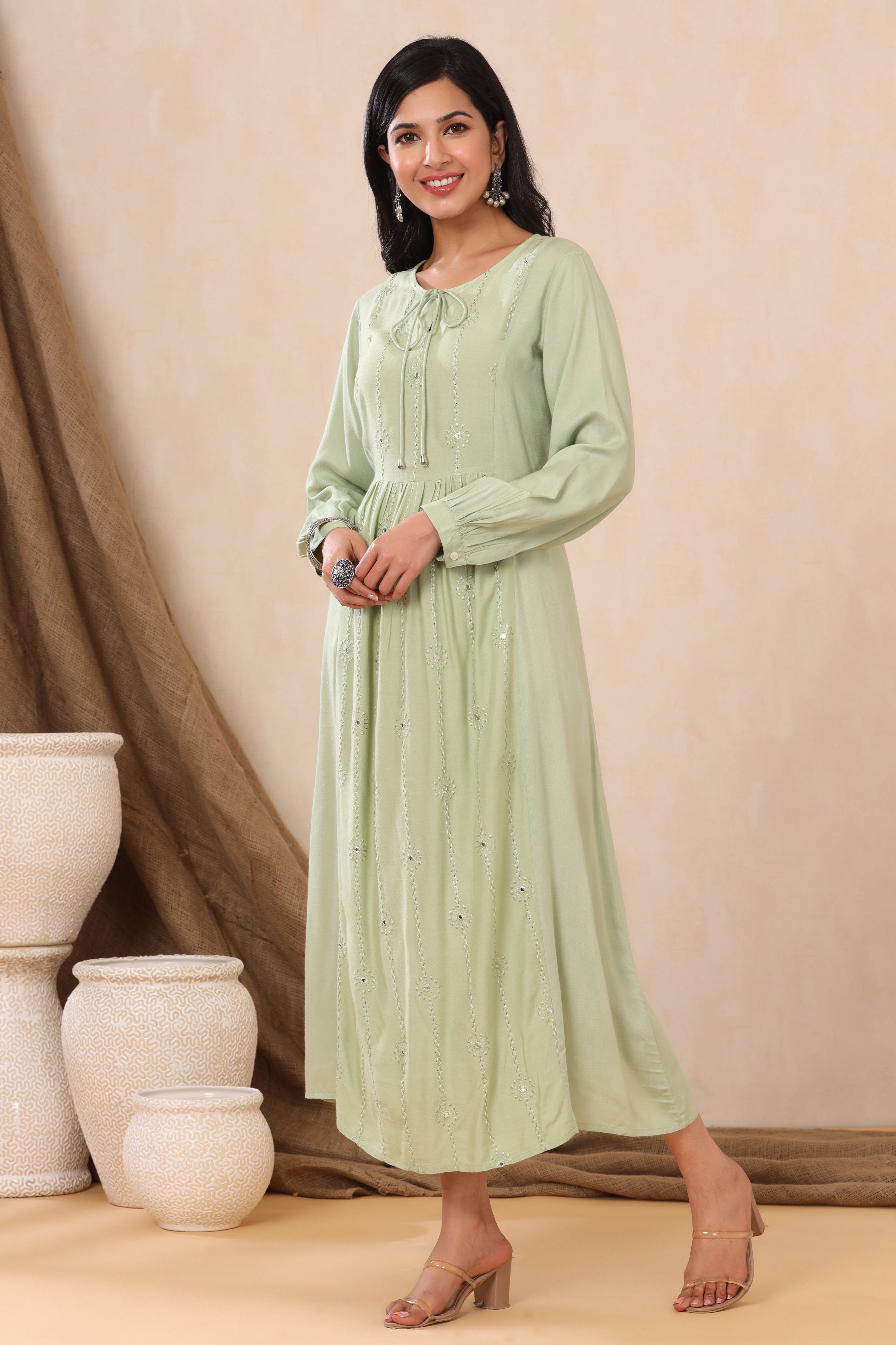 Juniper Olive Thread Embroidered Rayon Maxi dress - Juniper Fashion
