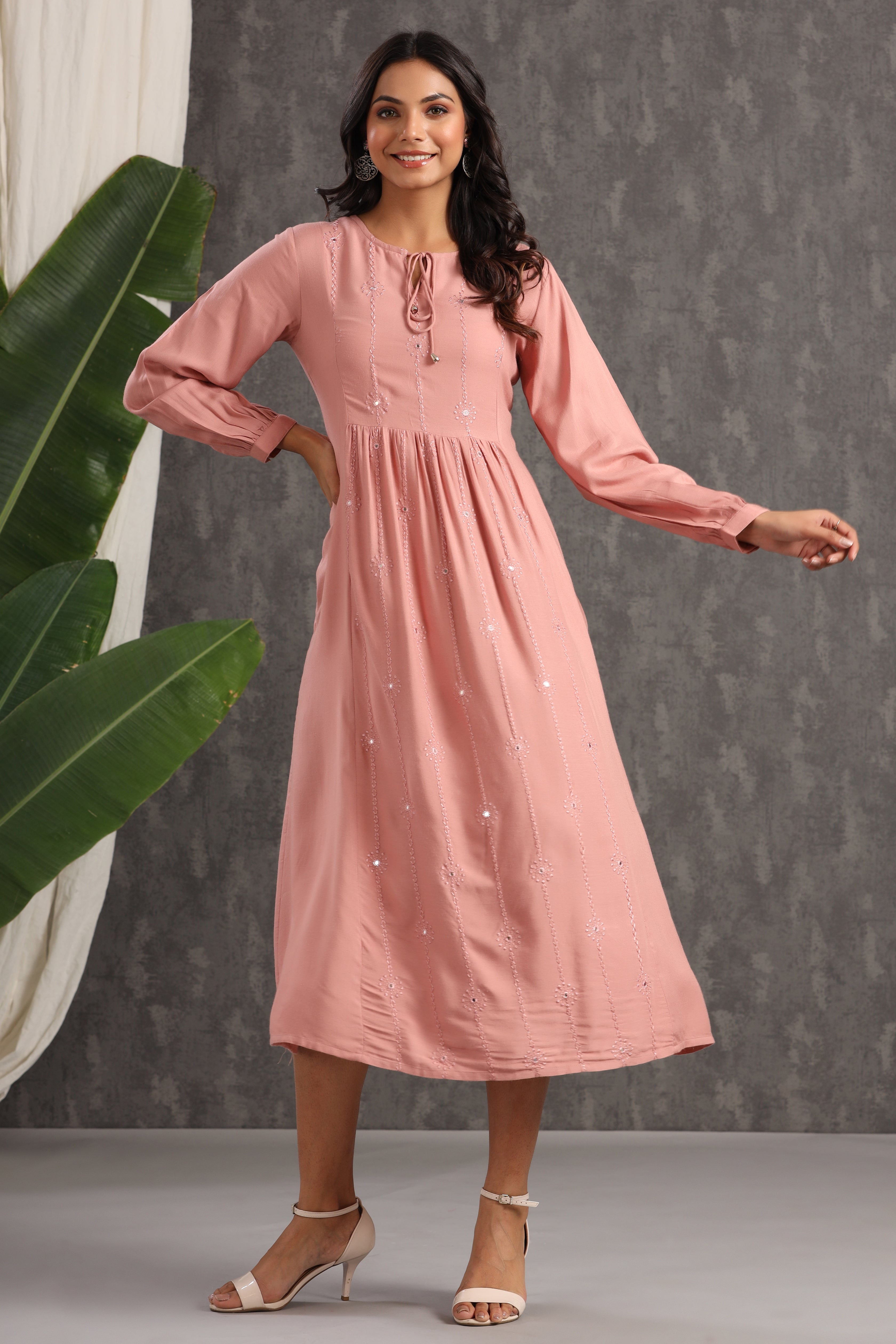 Juniper OnionPink LIVA Rayon Embroidered A-Line Dress - Juniper Fashion