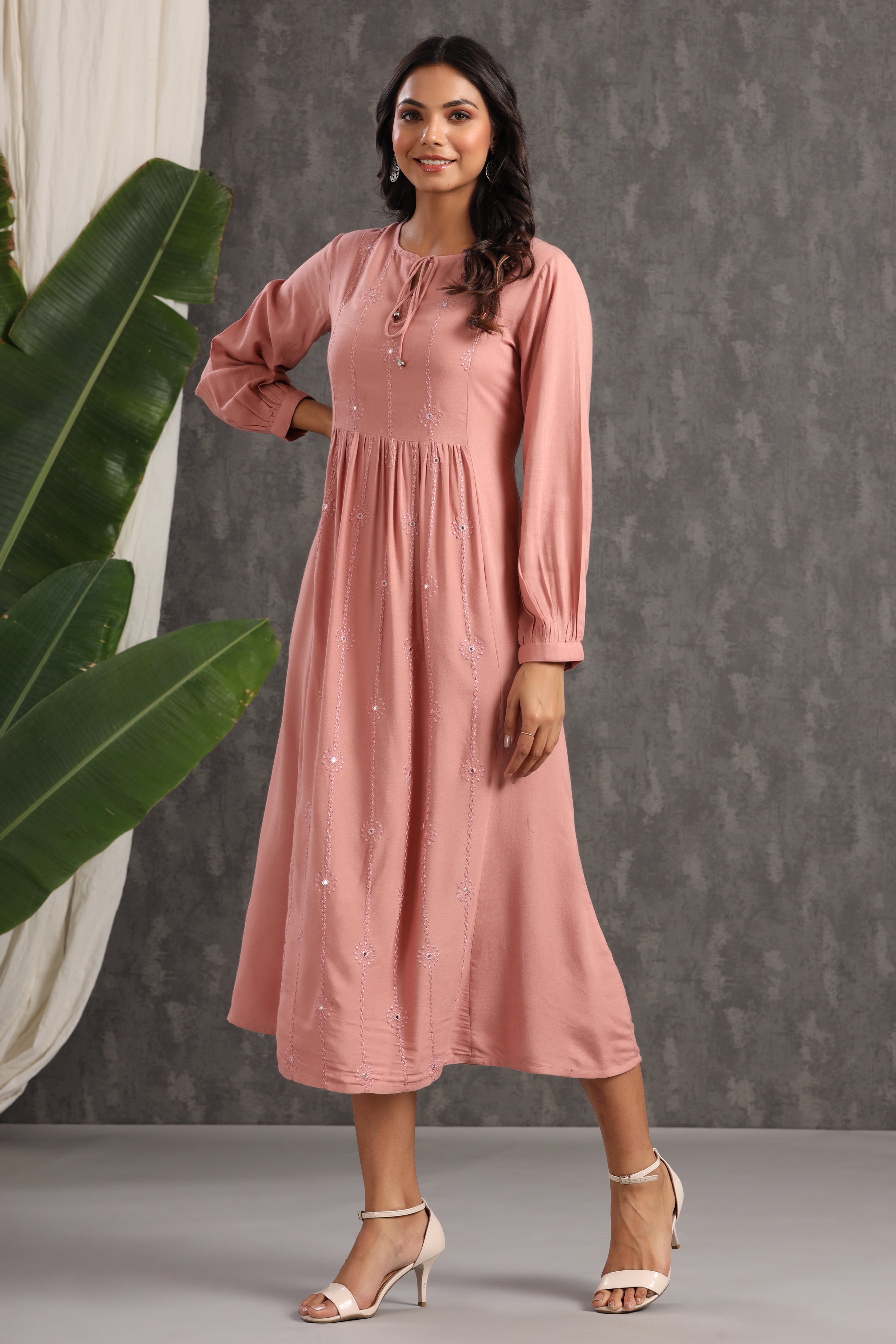 Juniper OnionPink LIVA Rayon Embroidered A-Line Dress - Juniper Fashion