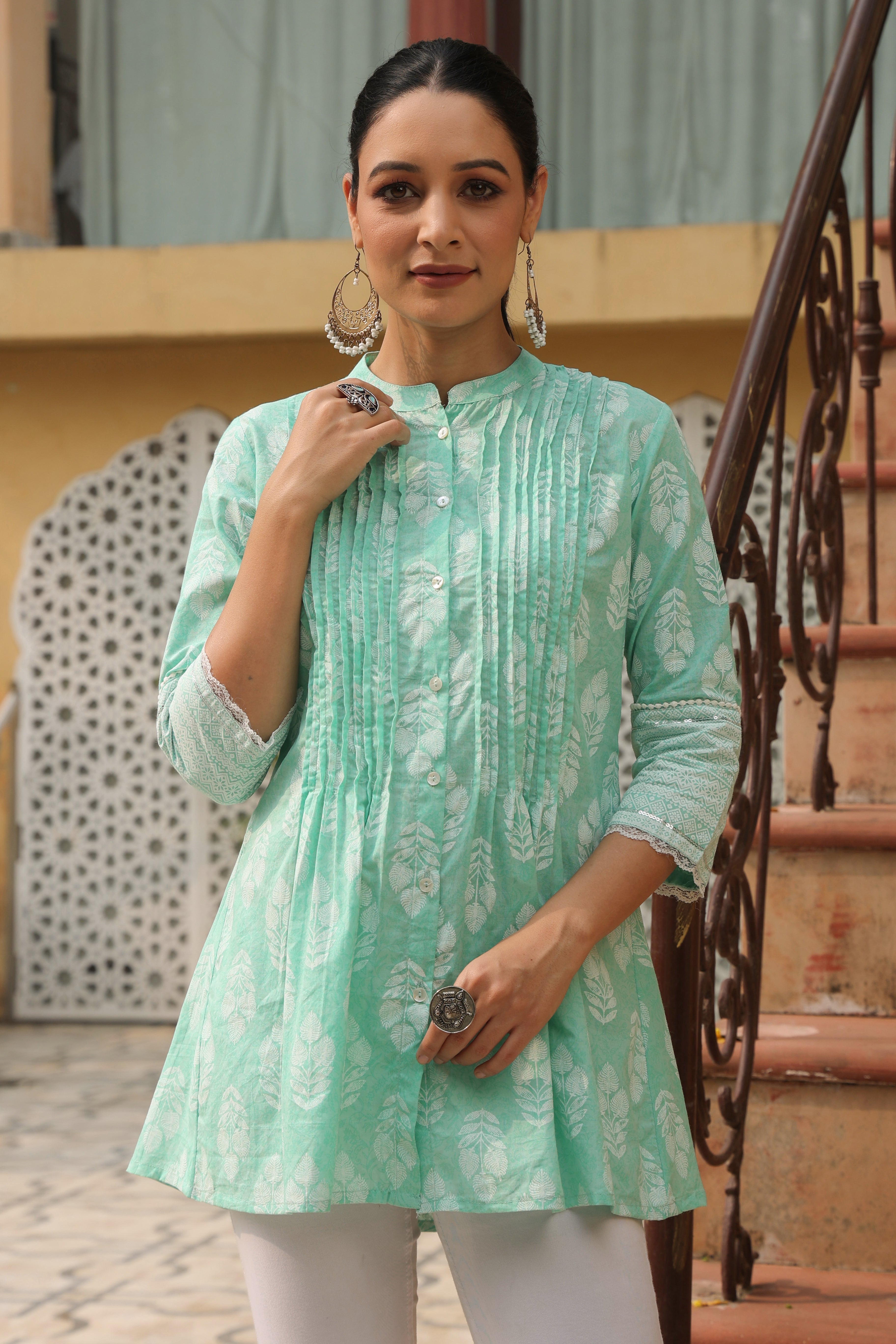 Juniper Mint Ethnic Motif Printed Pure Cotton A-Line Tunic With Lace Work