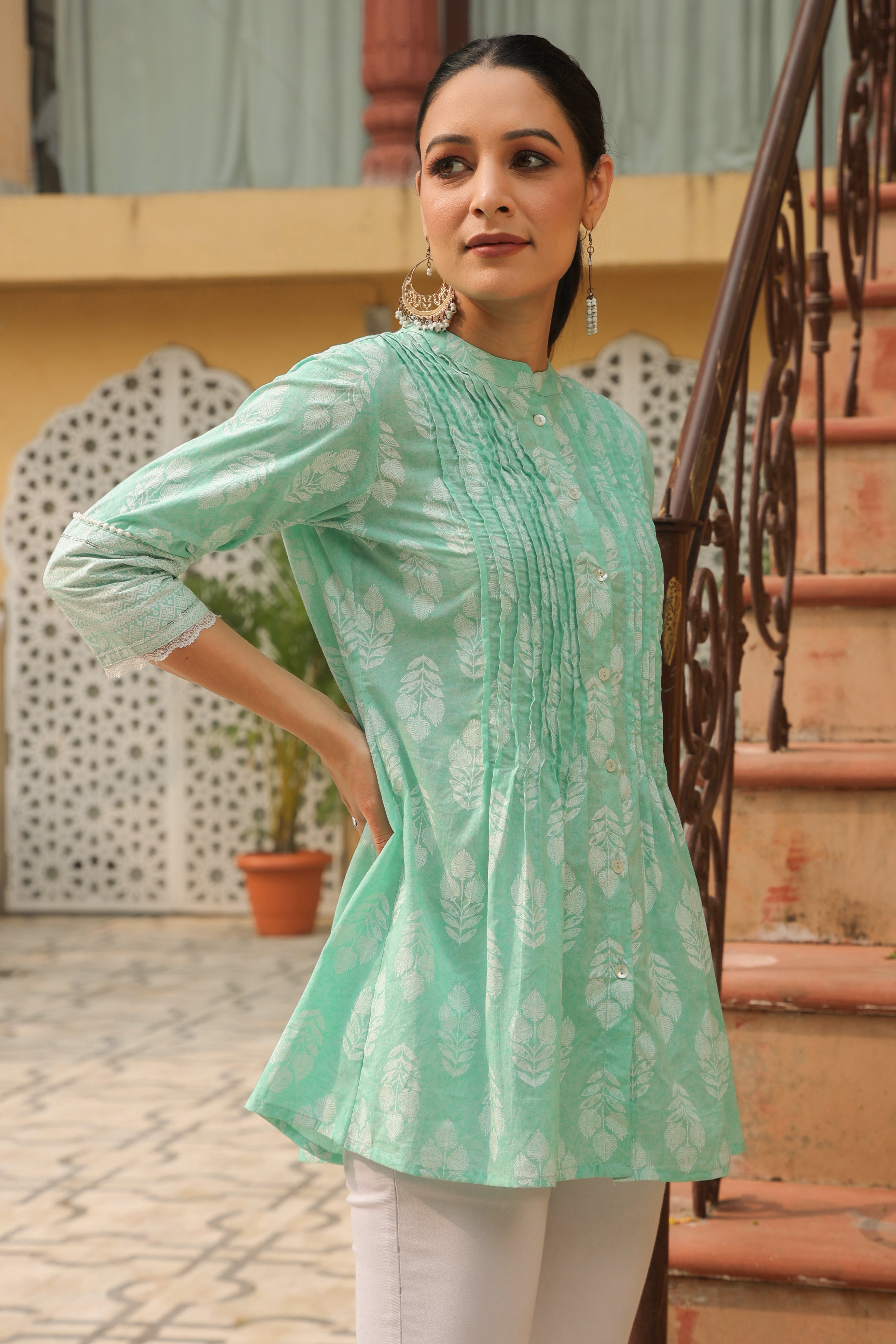 Juniper Mint Ethnic Motif Printed Pure Cotton A-Line Tunic With Lace Work