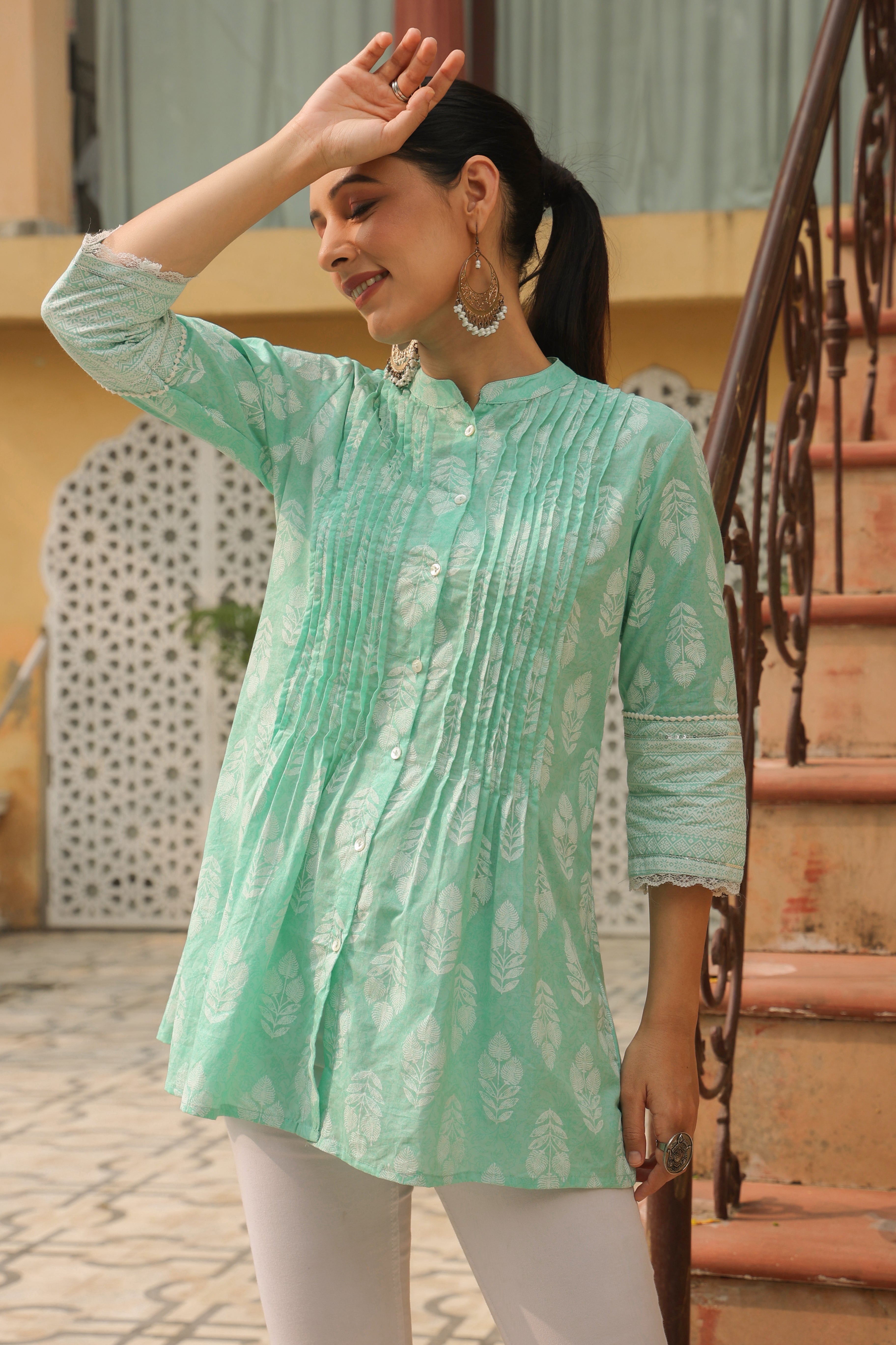 Juniper Mint Ethnic Motif Printed Pure Cotton A-Line Tunic With Lace Work