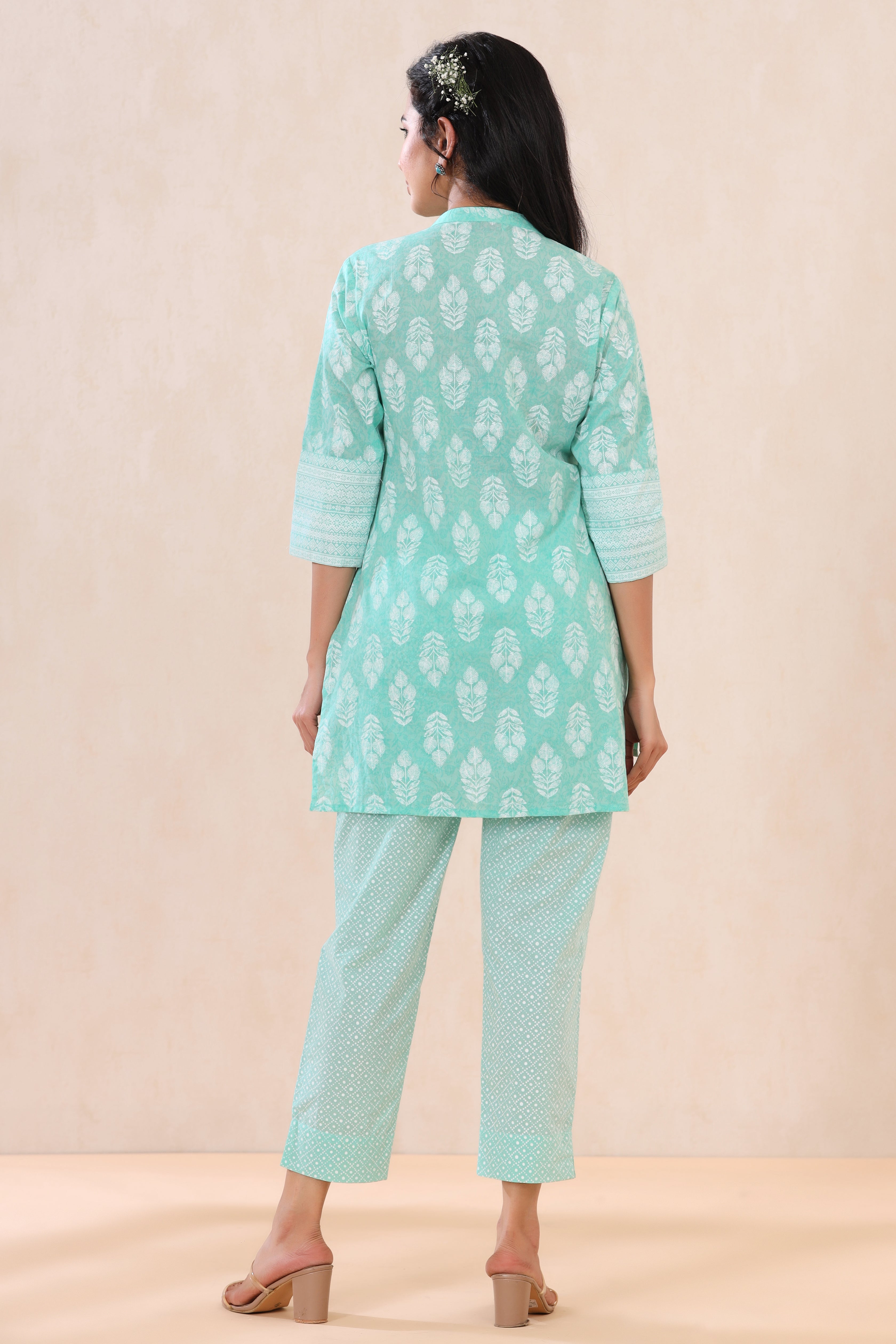 Juniper Mint Cambric Printed High-Low Kurta Pant Set