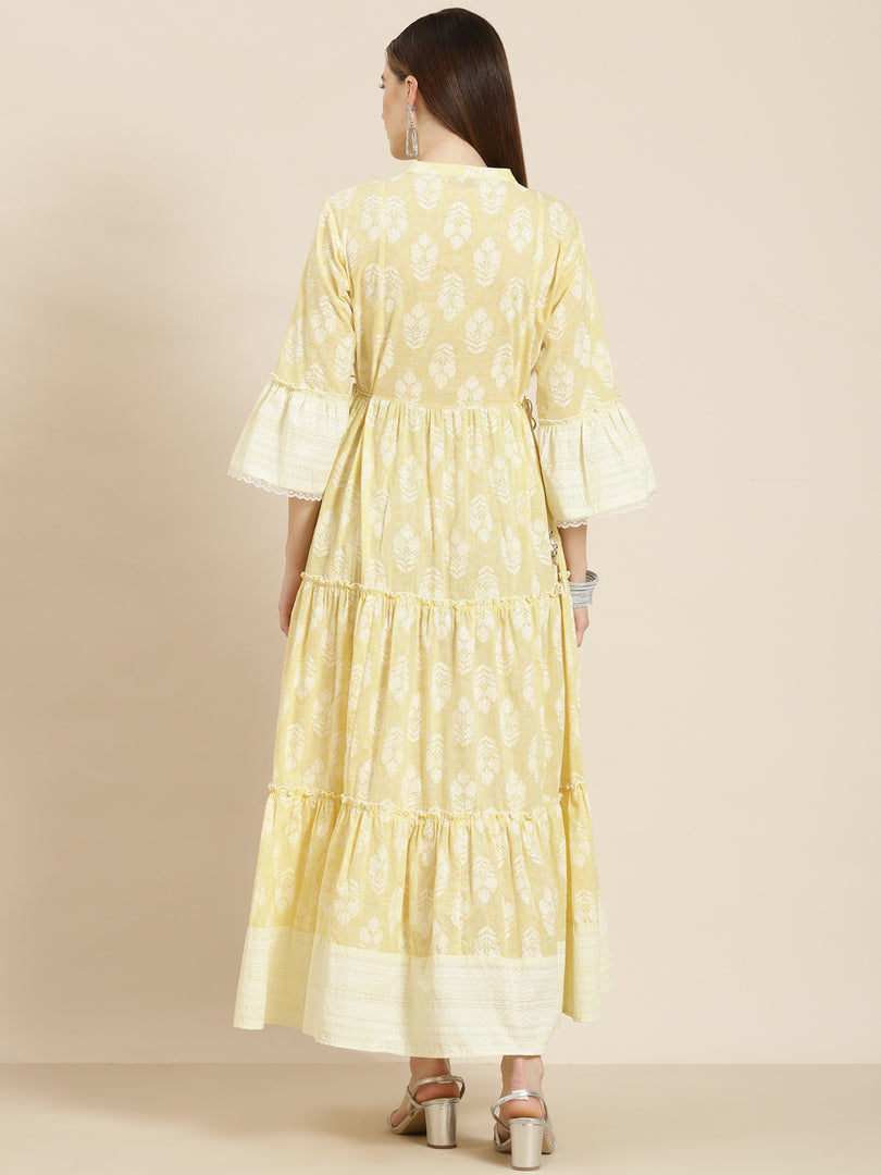 Juniper Lime Yellow Ethnic Motif Printed Pure Cotton Maxi dress with Lace Work