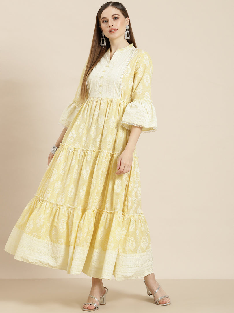 Juniper Lime Yellow Ethnic Motif Printed Pure Cotton Maxi dress with Lace Work