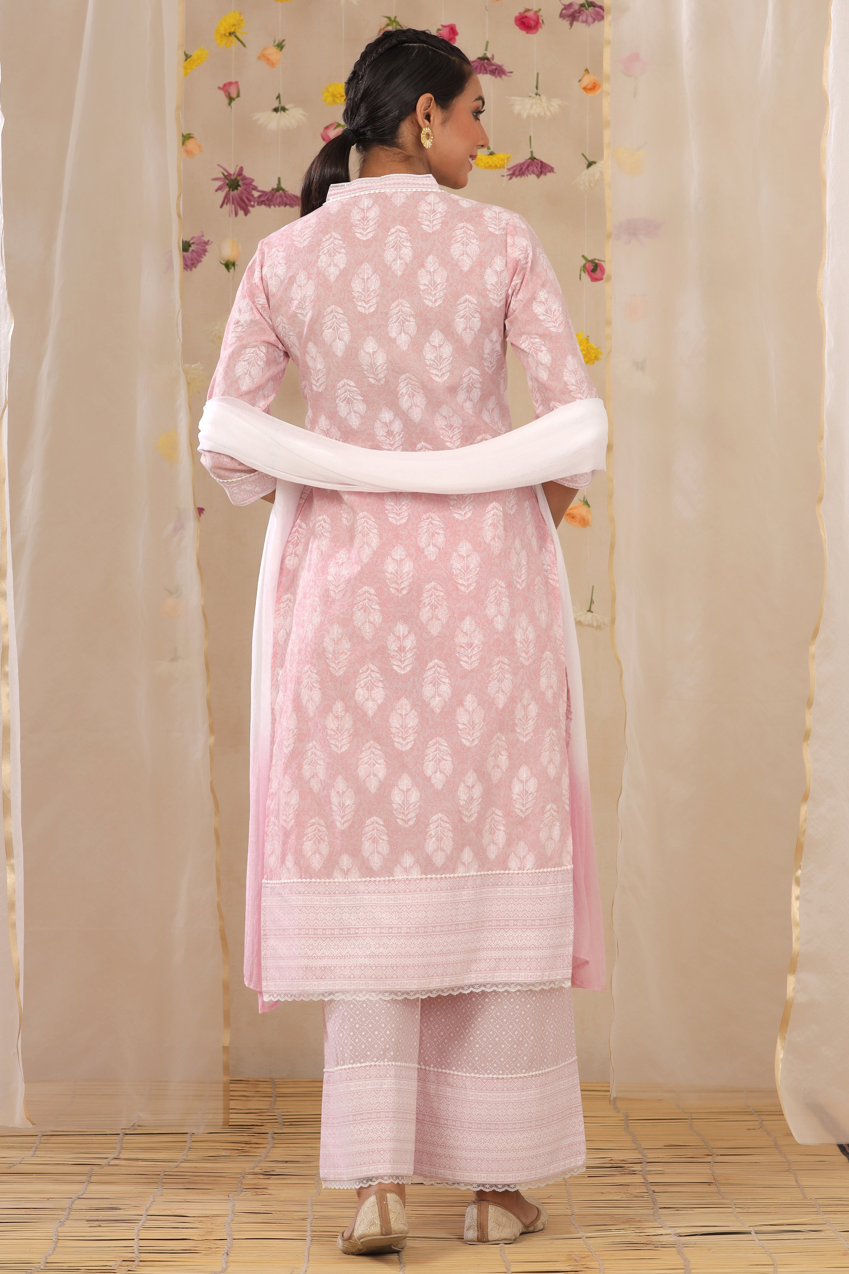 Juniper Lavender Cambric Printed Straight Kurta Palazzo Dupatta Set With Lace Detailing