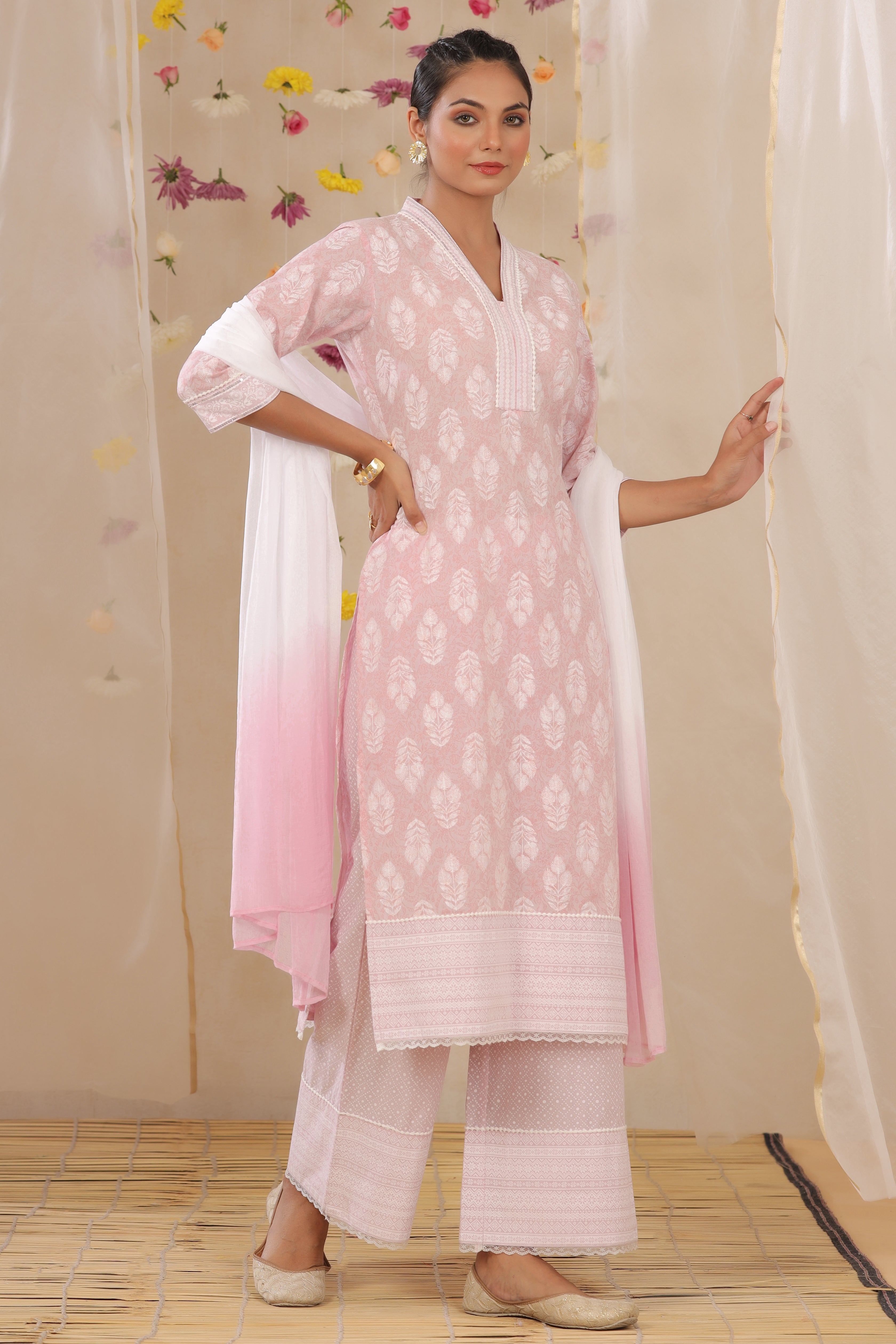 Juniper Lavender Cambric Printed Straight Kurta Palazzo Dupatta Set With Lace Detailing