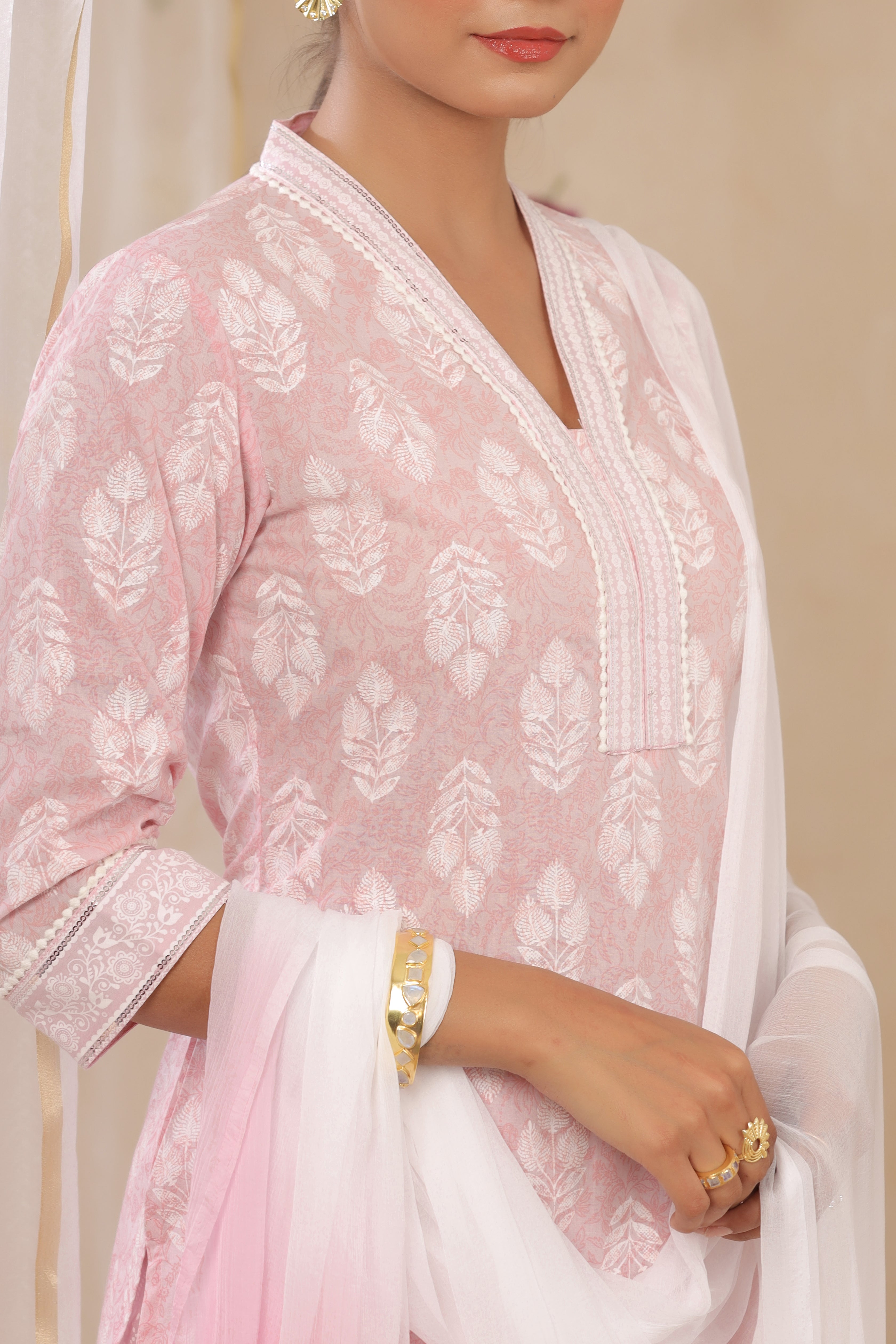 Juniper Lavender Cambric Printed Straight Kurta Palazzo Dupatta Set With Lace Detailing