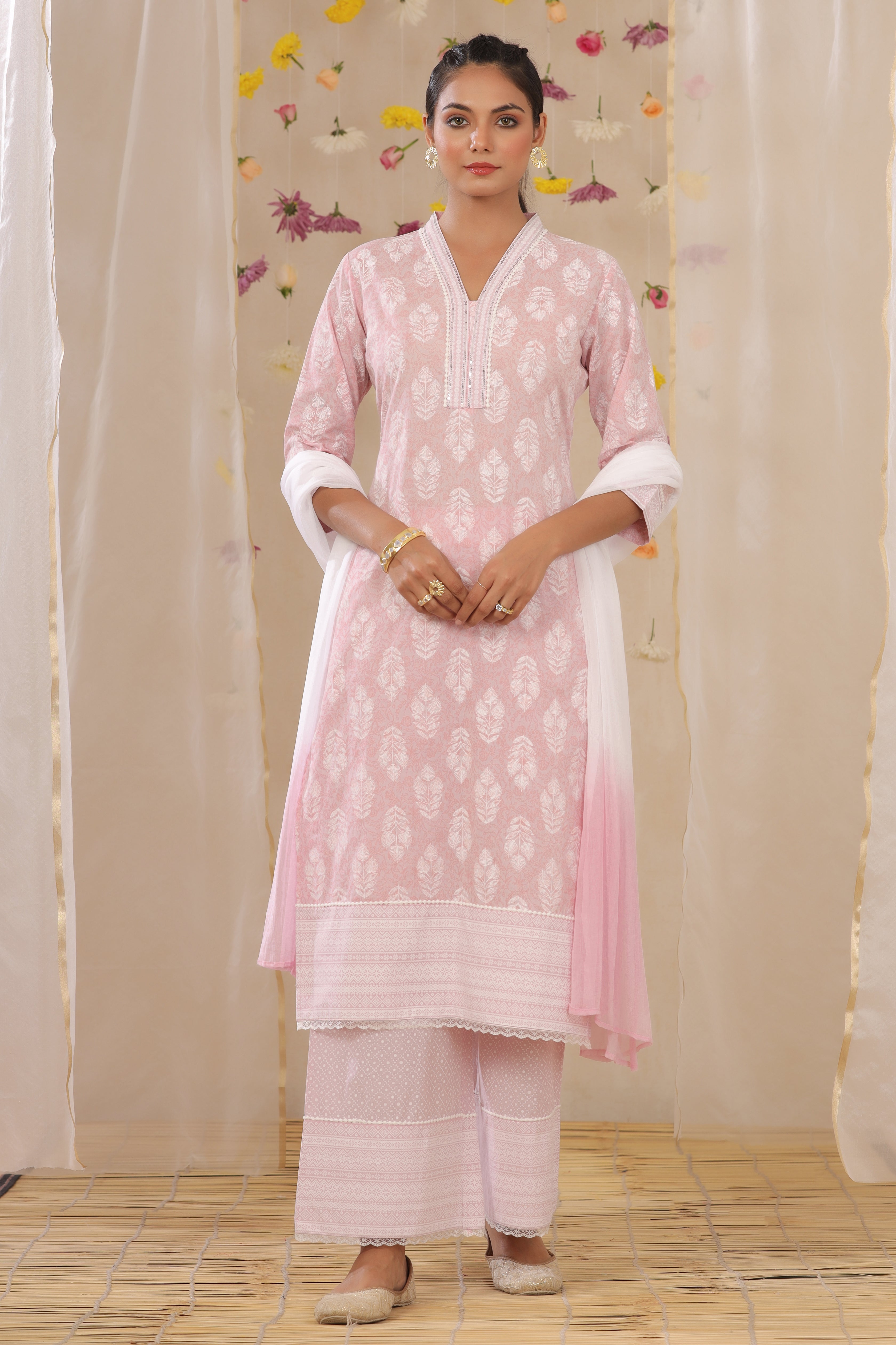 Juniper Lavender Cambric Printed Straight Kurta Palazzo Dupatta Set With Lace Detailing