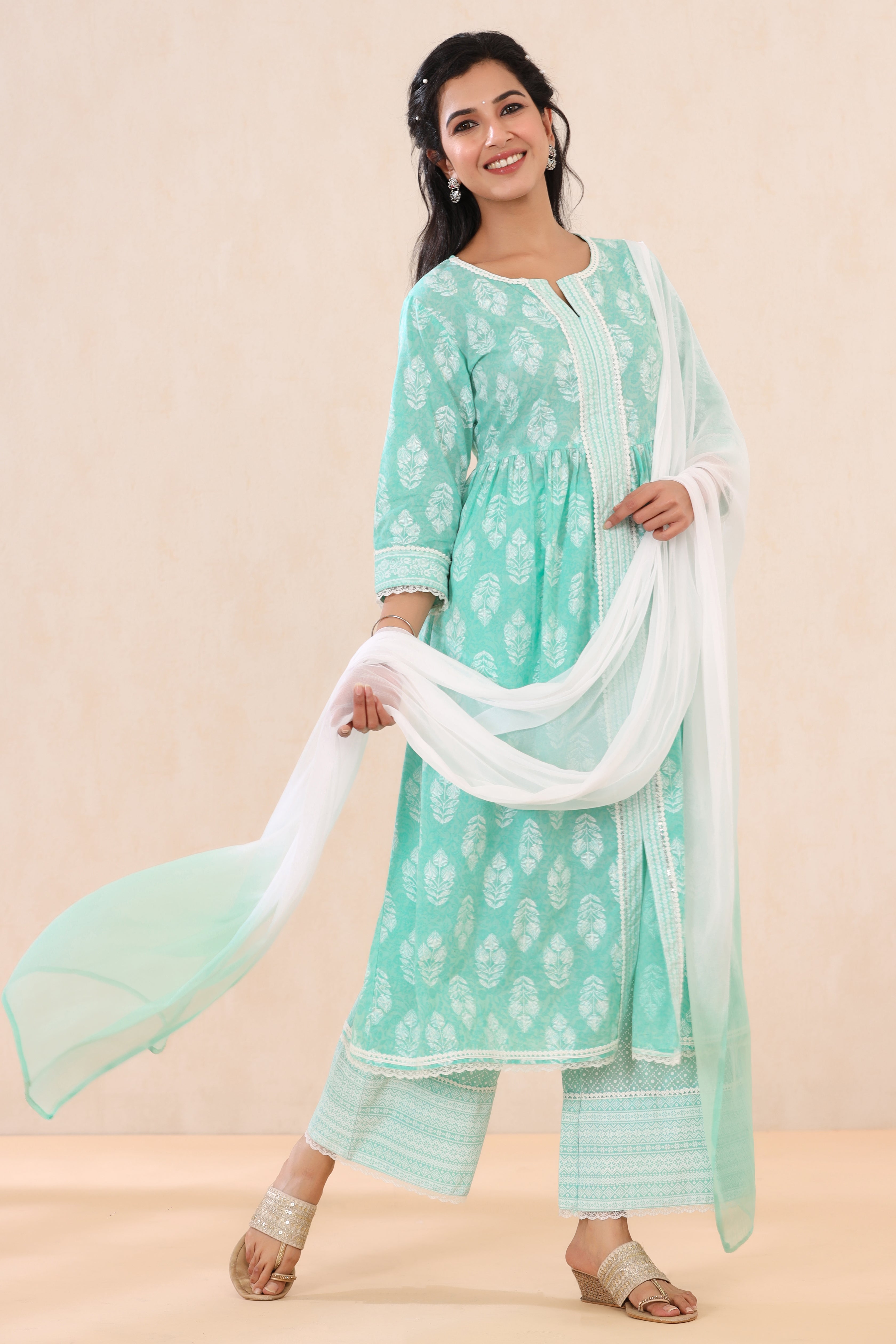 Juniper Mint Cambric Printed Straight Kurta Palazzo Dupatta Set