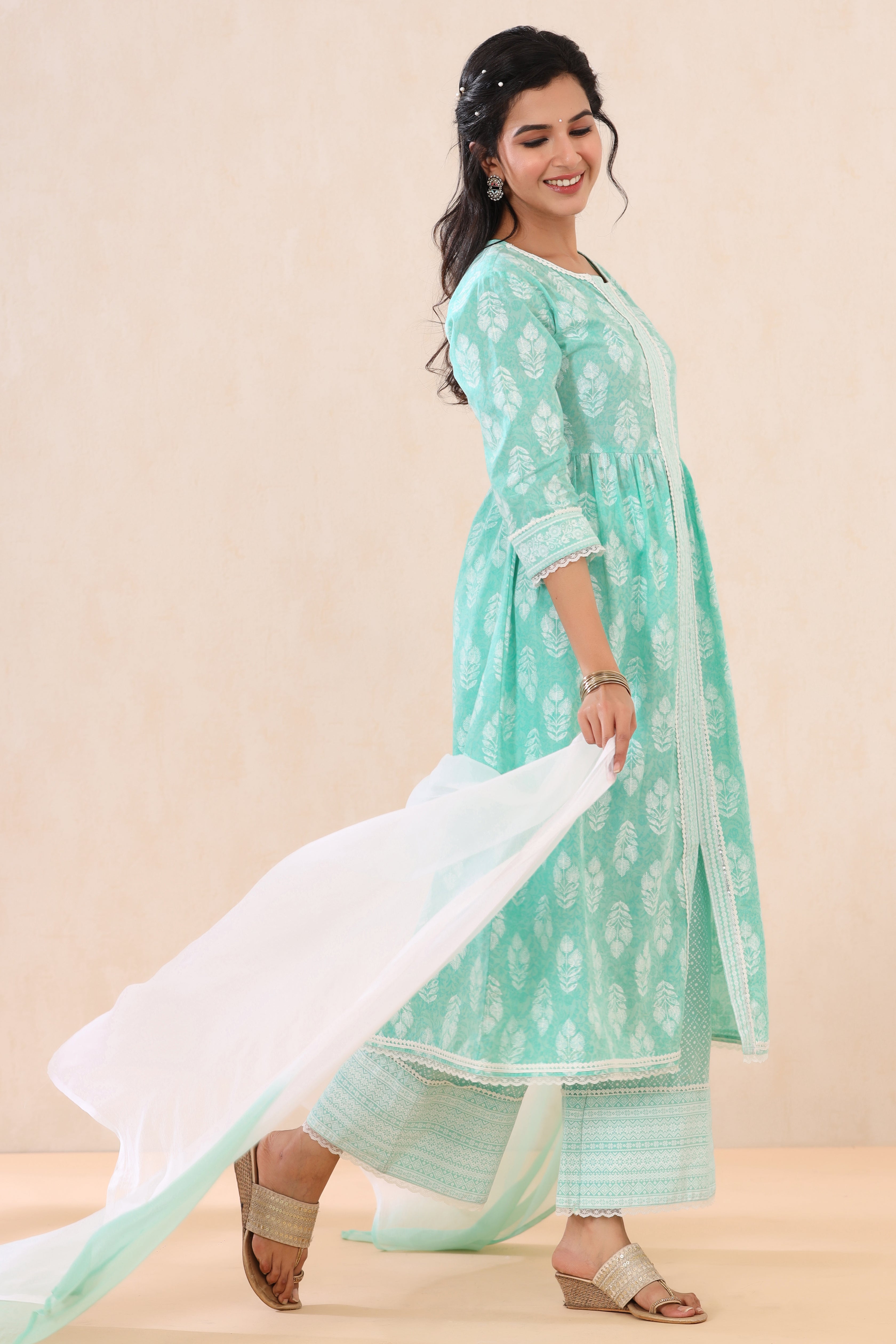 Juniper Mint Cambric Printed Straight Kurta Palazzo Dupatta Set