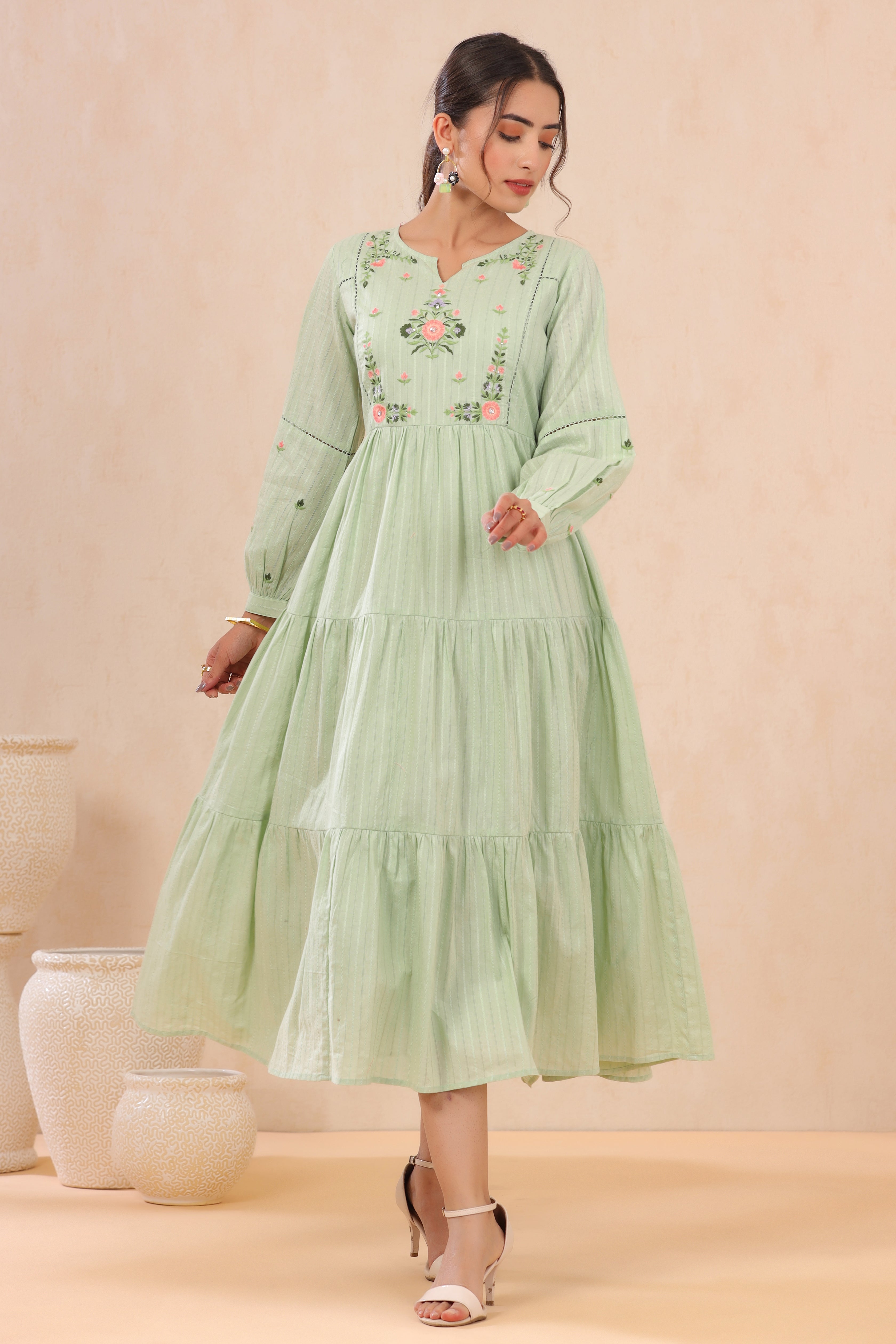 Juniper Sagegreen Cotton Dobby Embroidered Tiered Dress