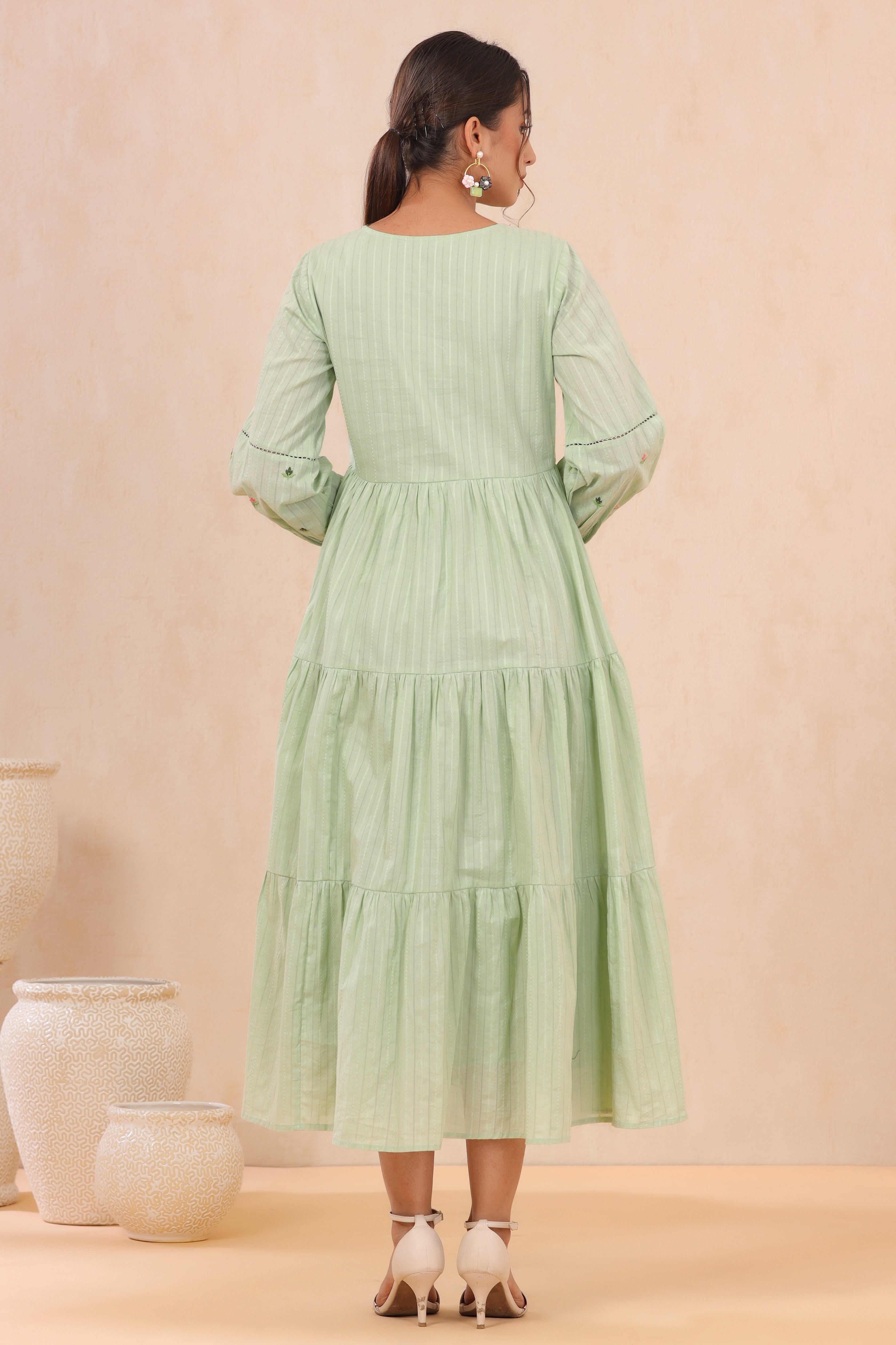 Juniper Sagegreen Cotton Dobby Embroidered Tiered Dress