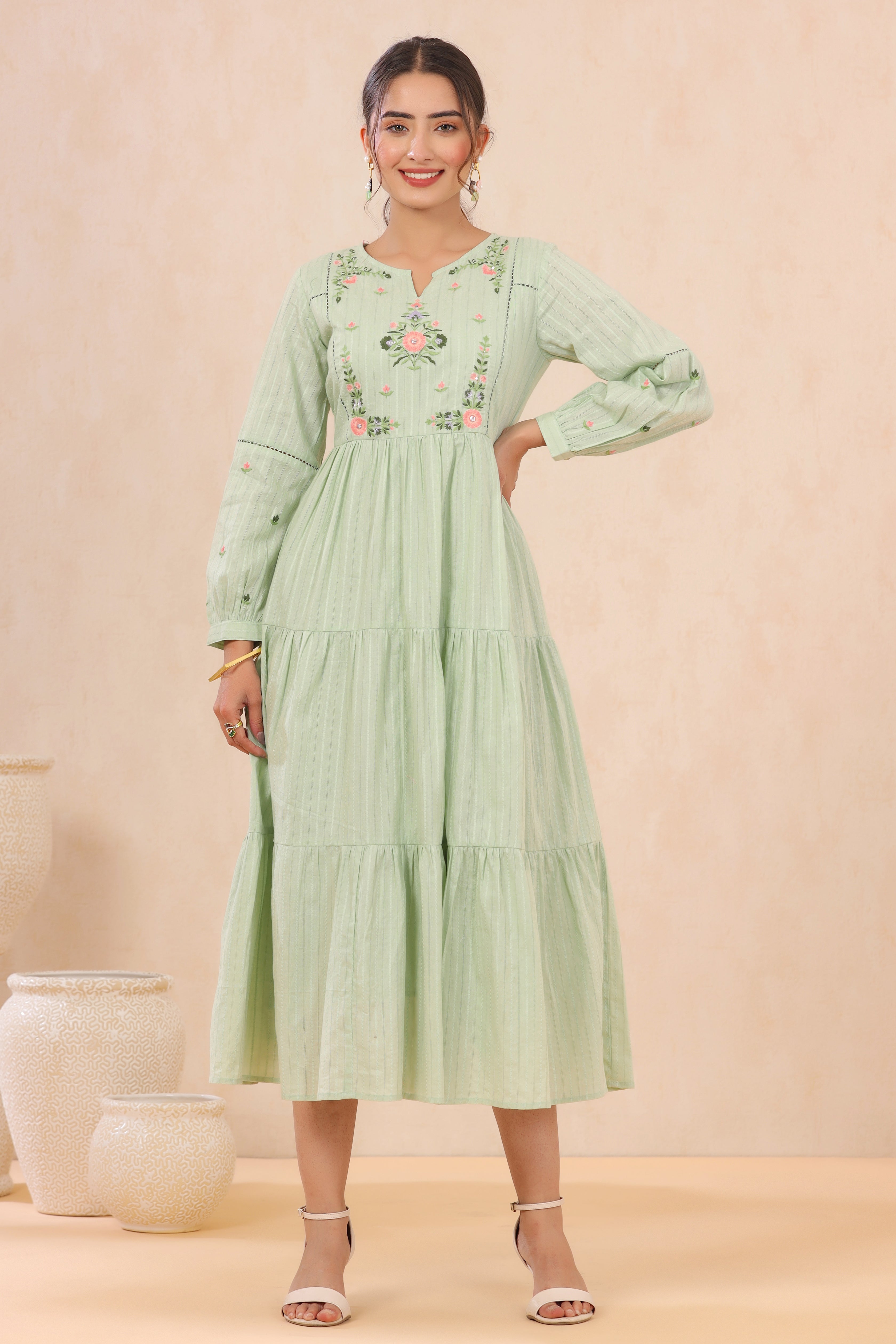 Juniper Sagegreen Cotton Dobby Embroidered Tiered Dress