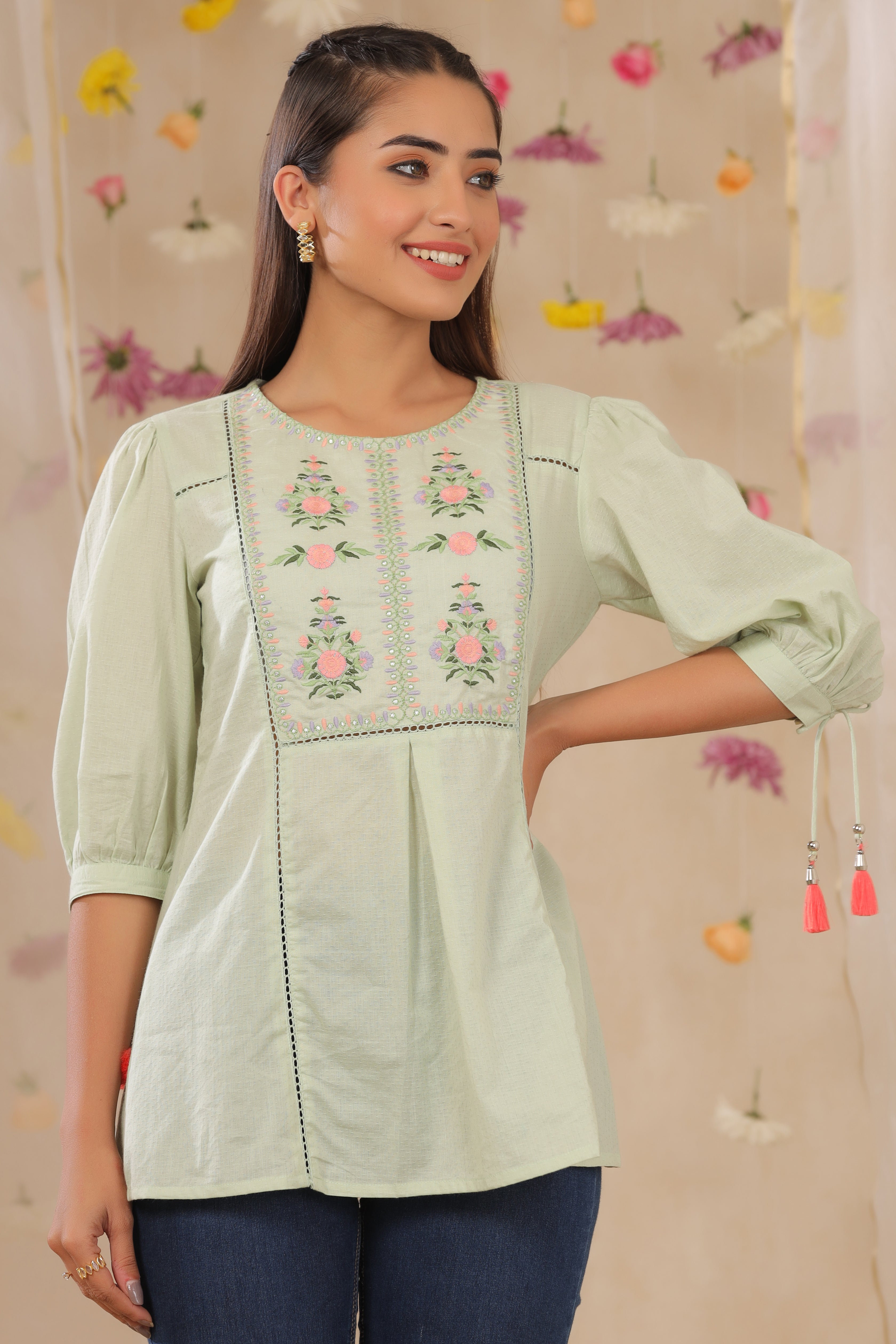 Juniper Sagegreen Cotton Dobby Embroidered A-Line Tunic