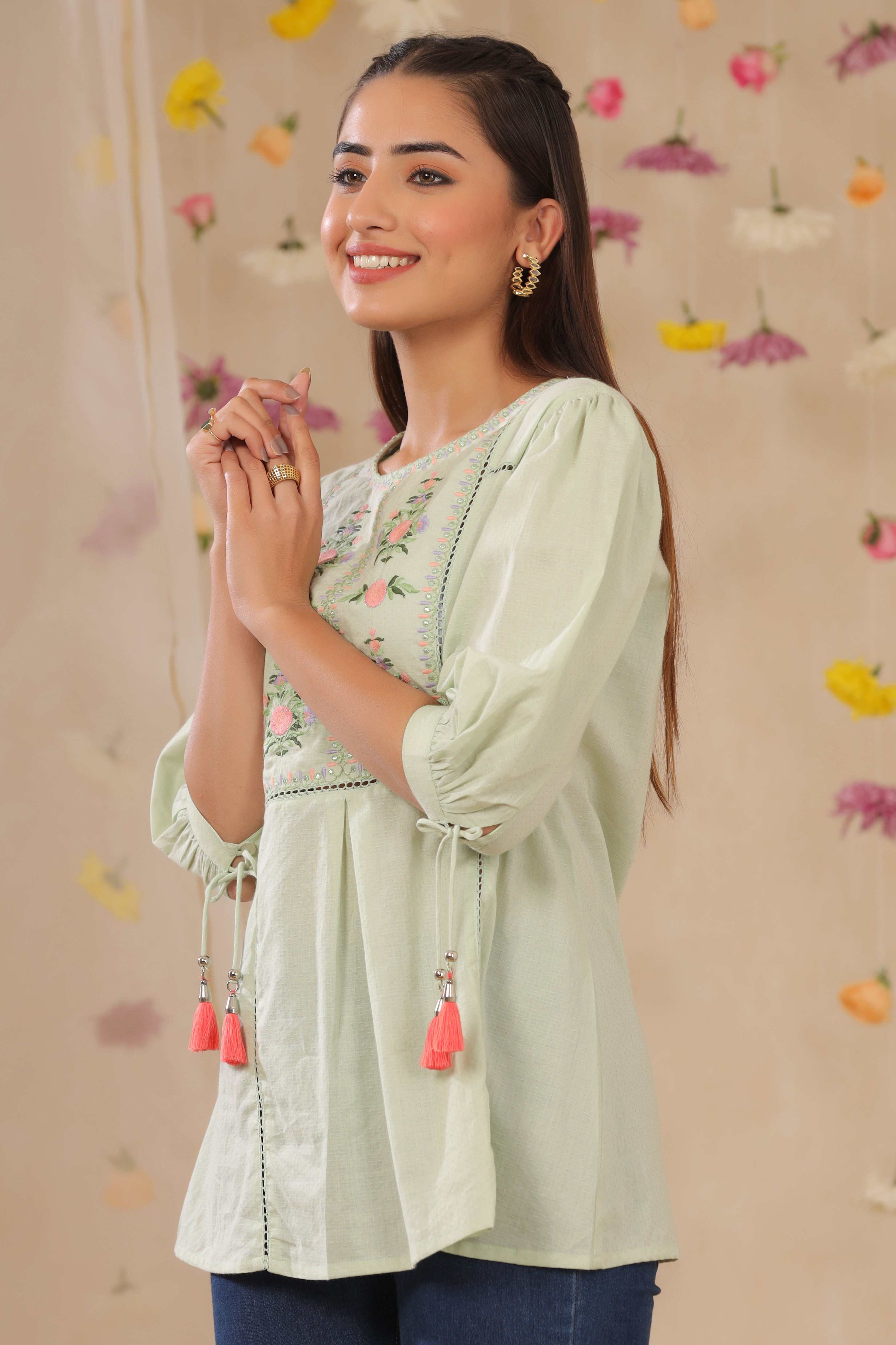 Juniper Sagegreen Cotton Dobby Embroidered A-Line Tunic