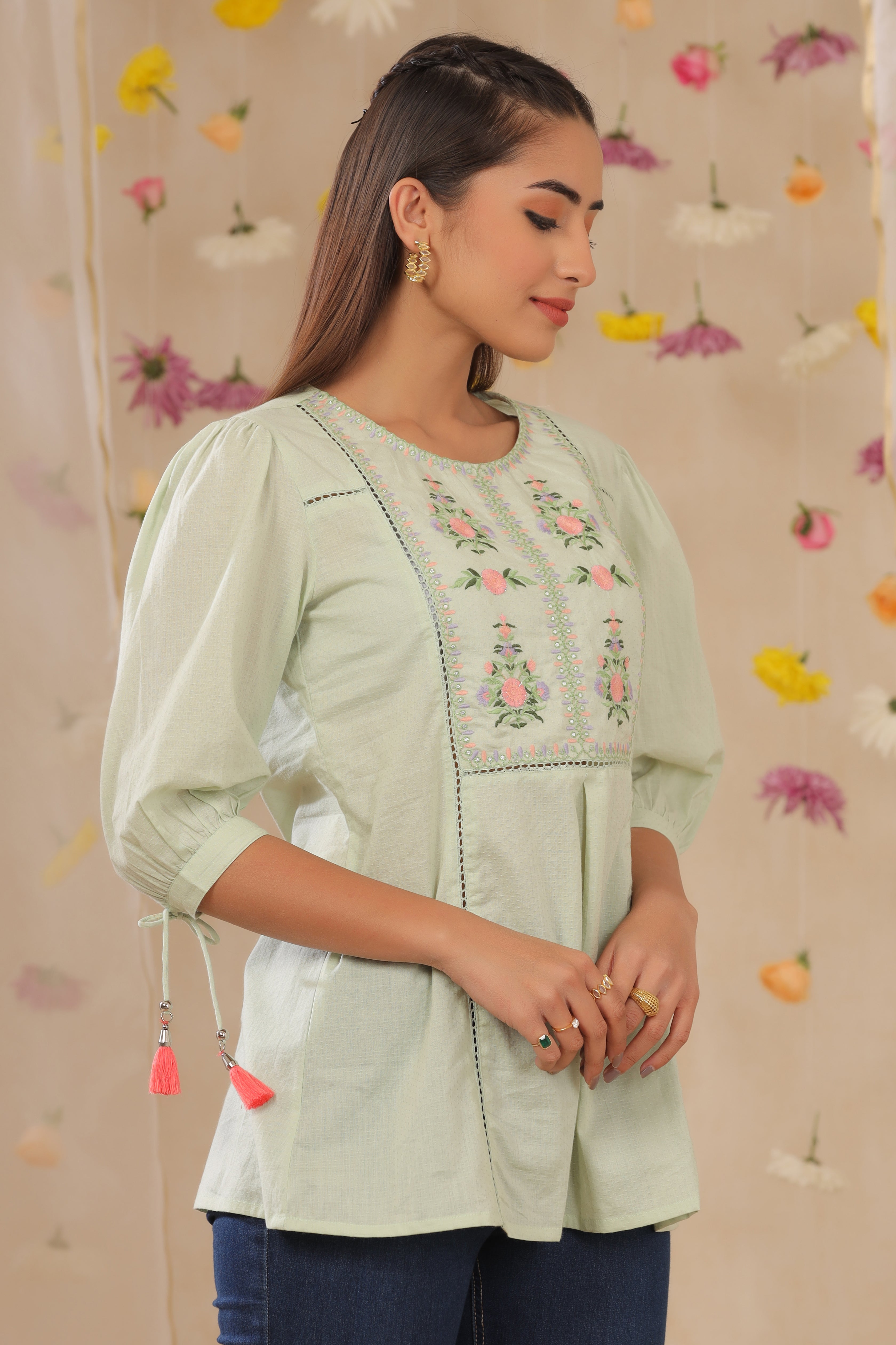 Juniper Sagegreen Cotton Dobby Embroidered A-Line Tunic