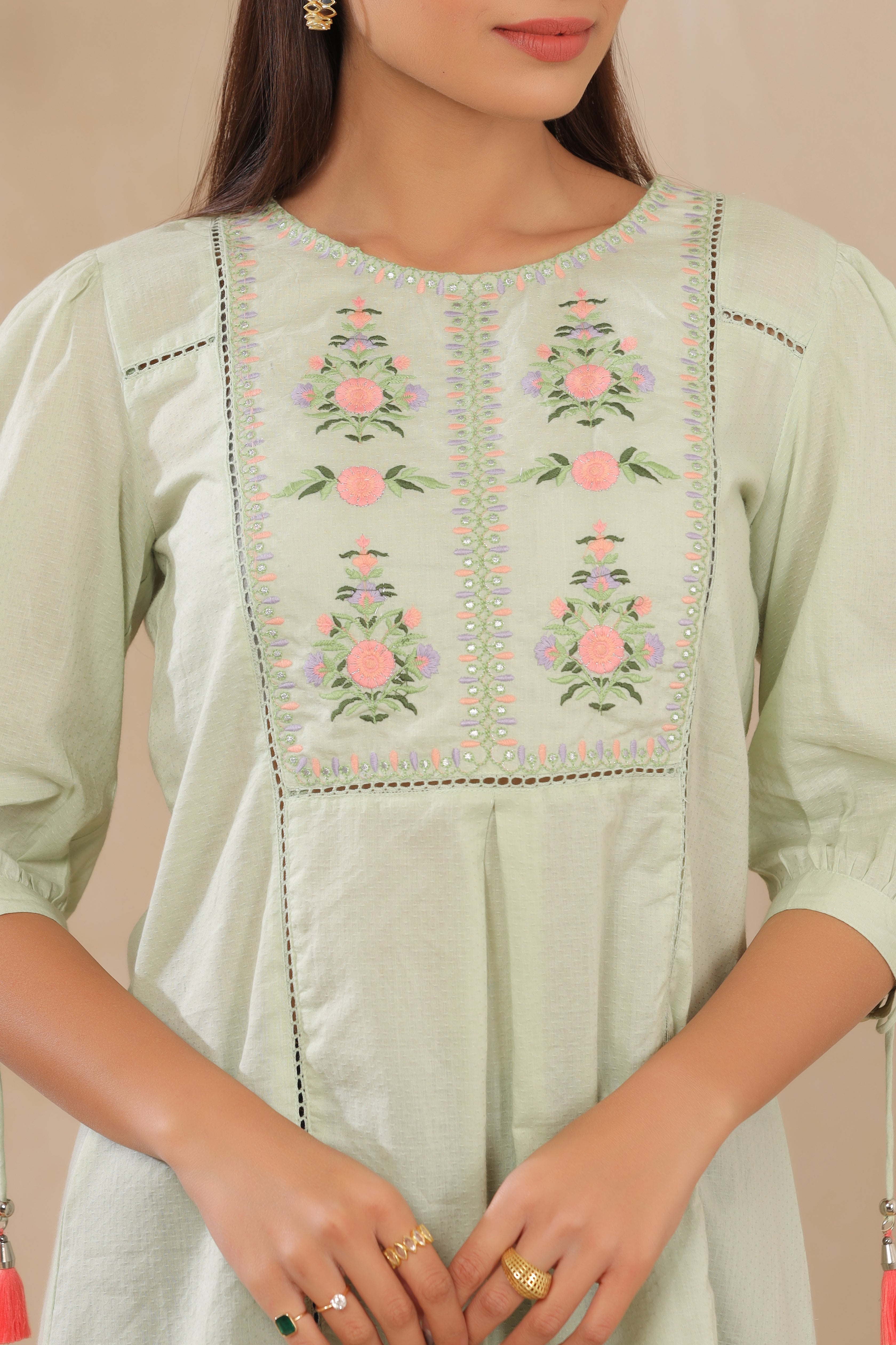 Juniper Sagegreen Cotton Dobby Embroidered A-Line Tunic