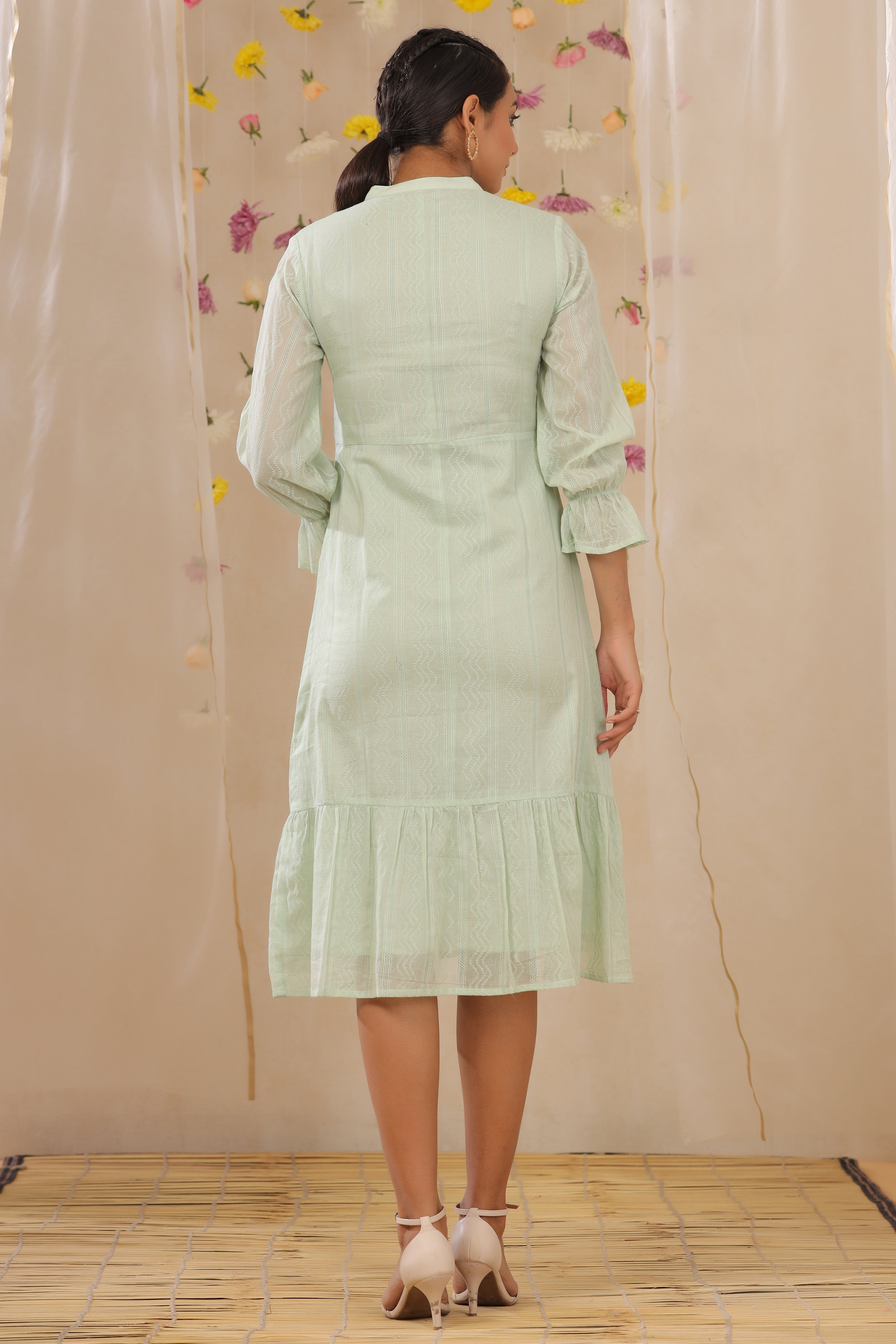 Juniper Sagegreen Cotton Dobby Embroidered A-Line Dress