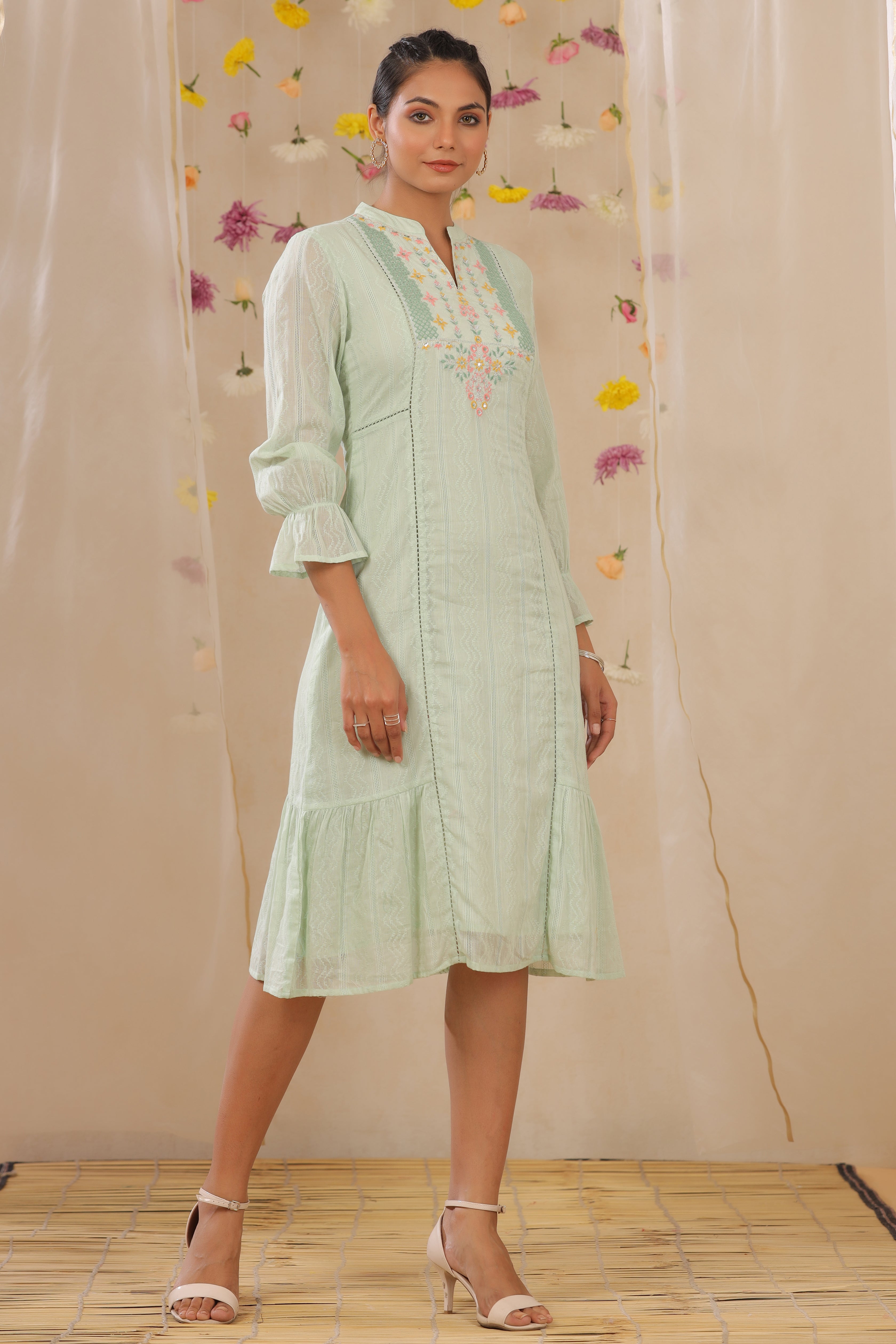 Juniper Sagegreen Cotton Dobby Embroidered A-Line Dress