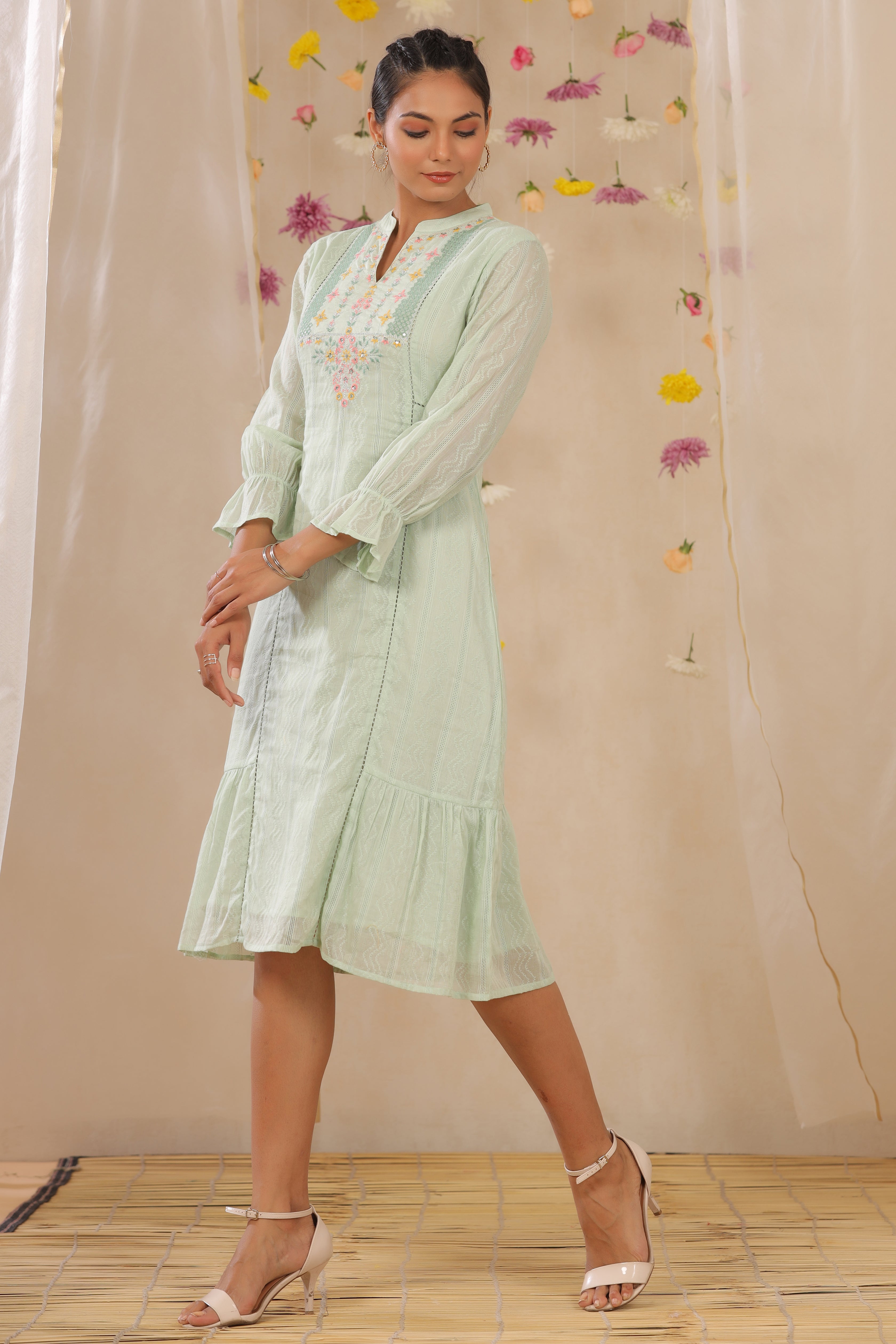 Juniper Sagegreen Cotton Dobby Embroidered A-Line Dress