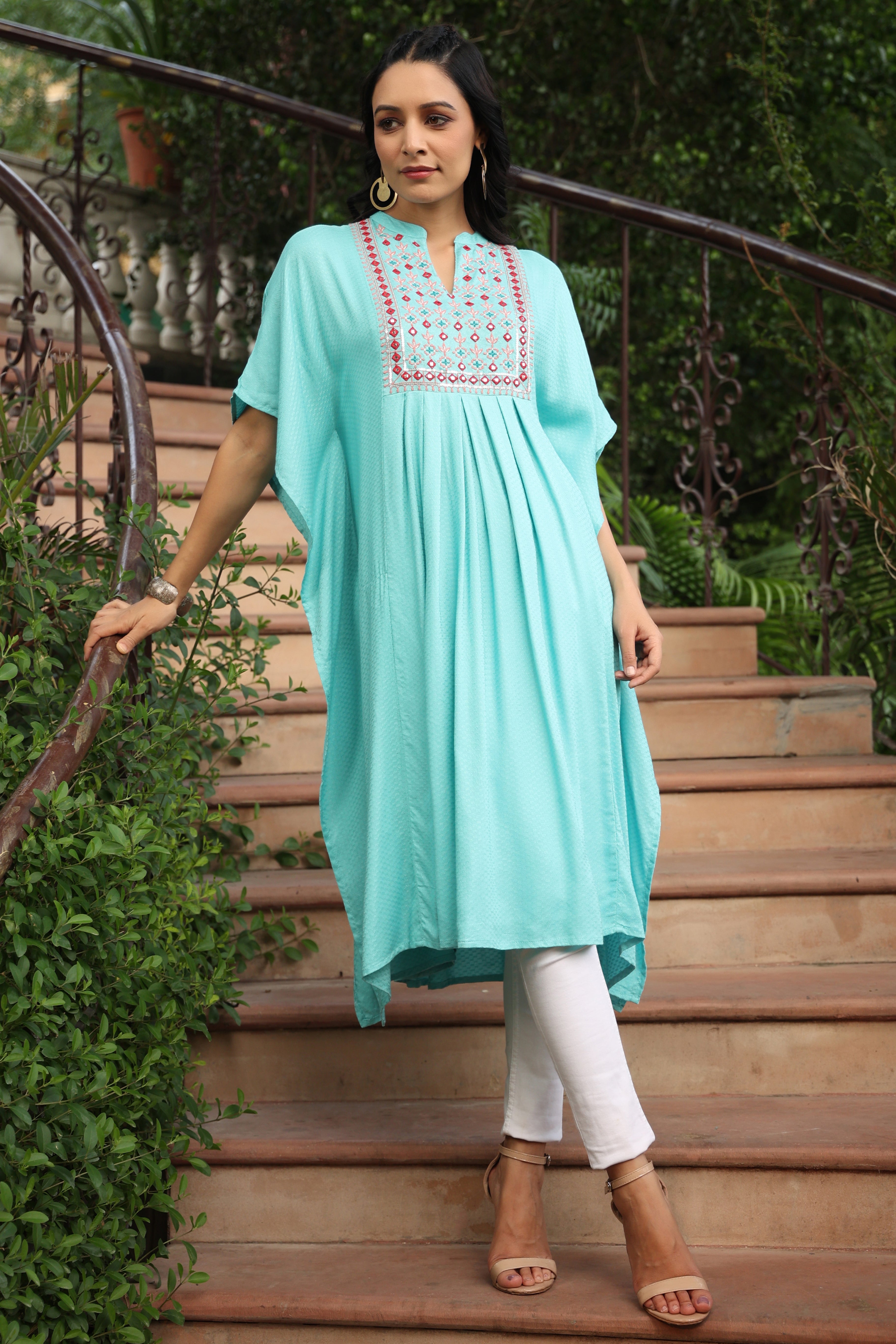 Juniper Sky Blue Geometric Printed Rayon Dobby Kaftan With Thread Work Embroidery