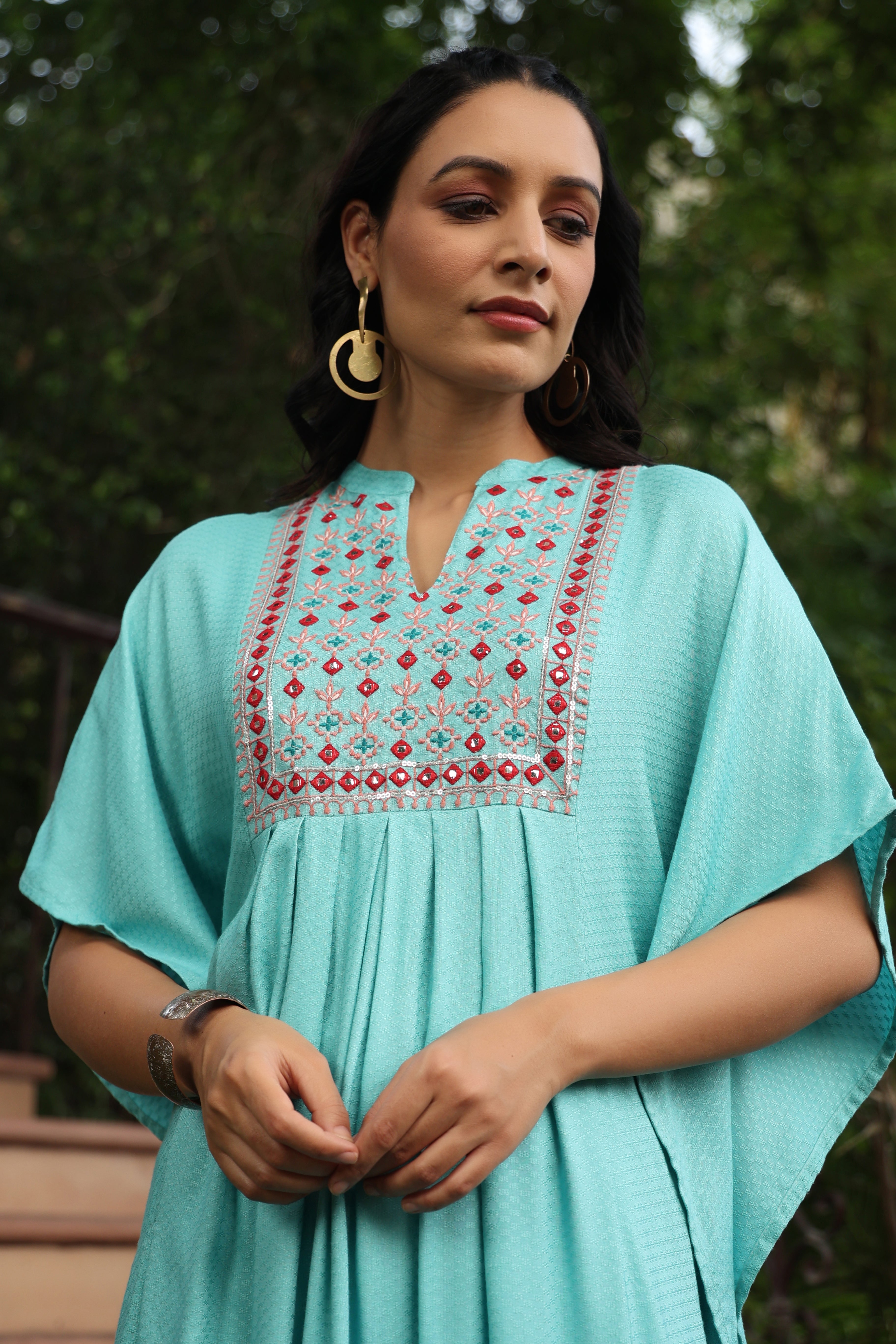 Juniper Sky Blue Geometric Printed Rayon Dobby Kaftan With Thread Work Embroidery