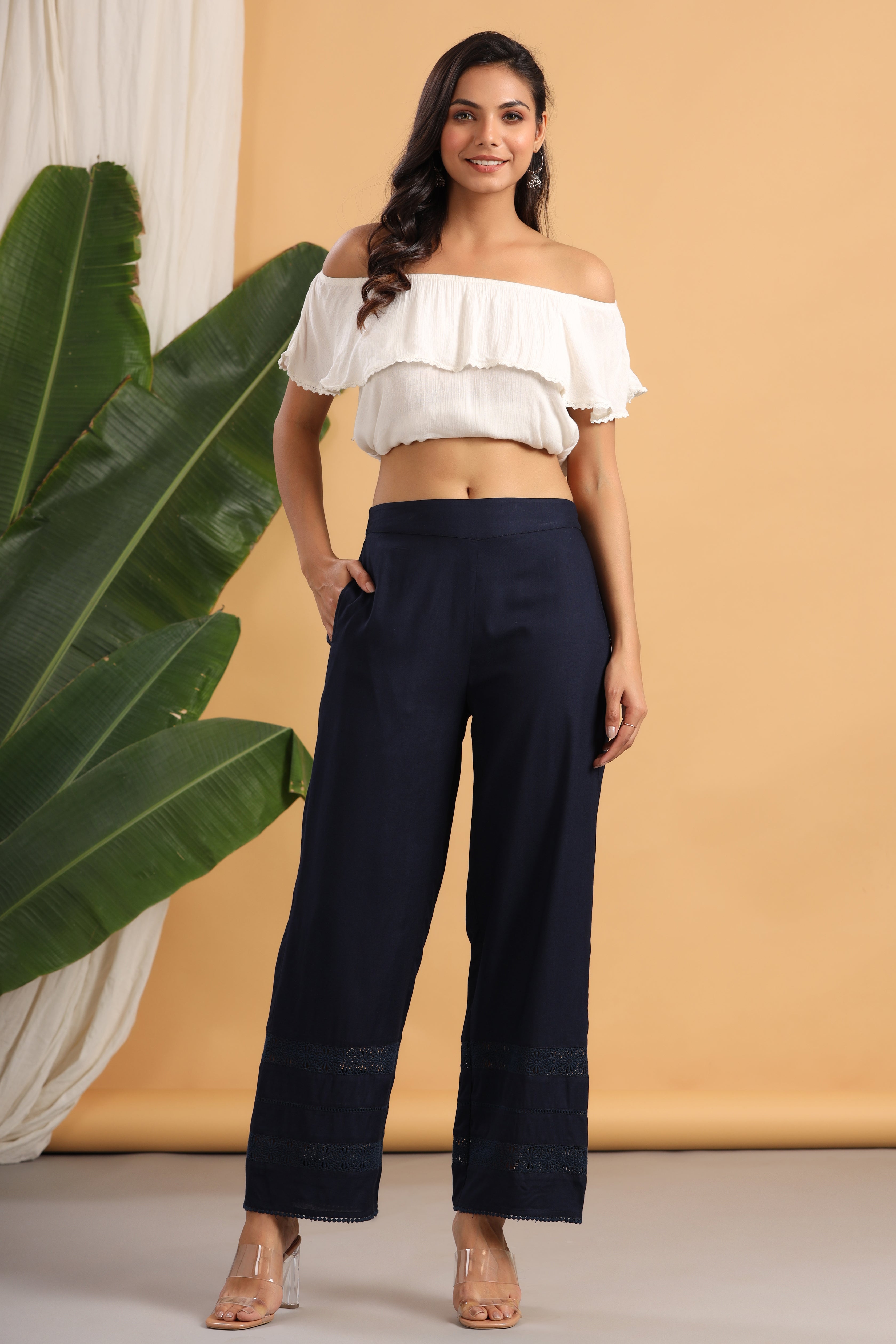 Juniper Navy Blue Solid Rayon Flared Ankle-length Palazzo. - Juniper Fashion