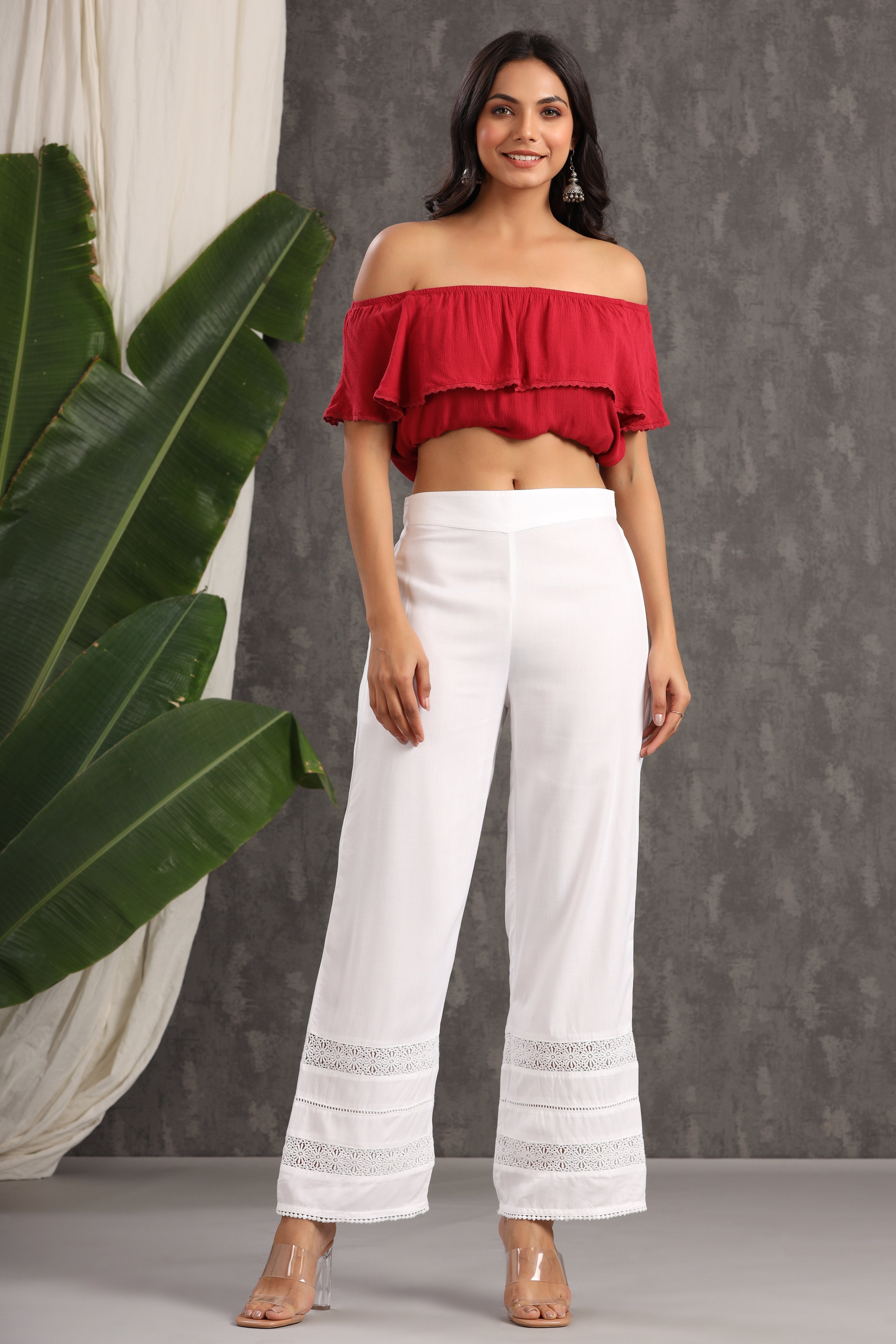 Juniper White Solid Rayon Straight Fit Palazzo With Lace - Juniper Fashion