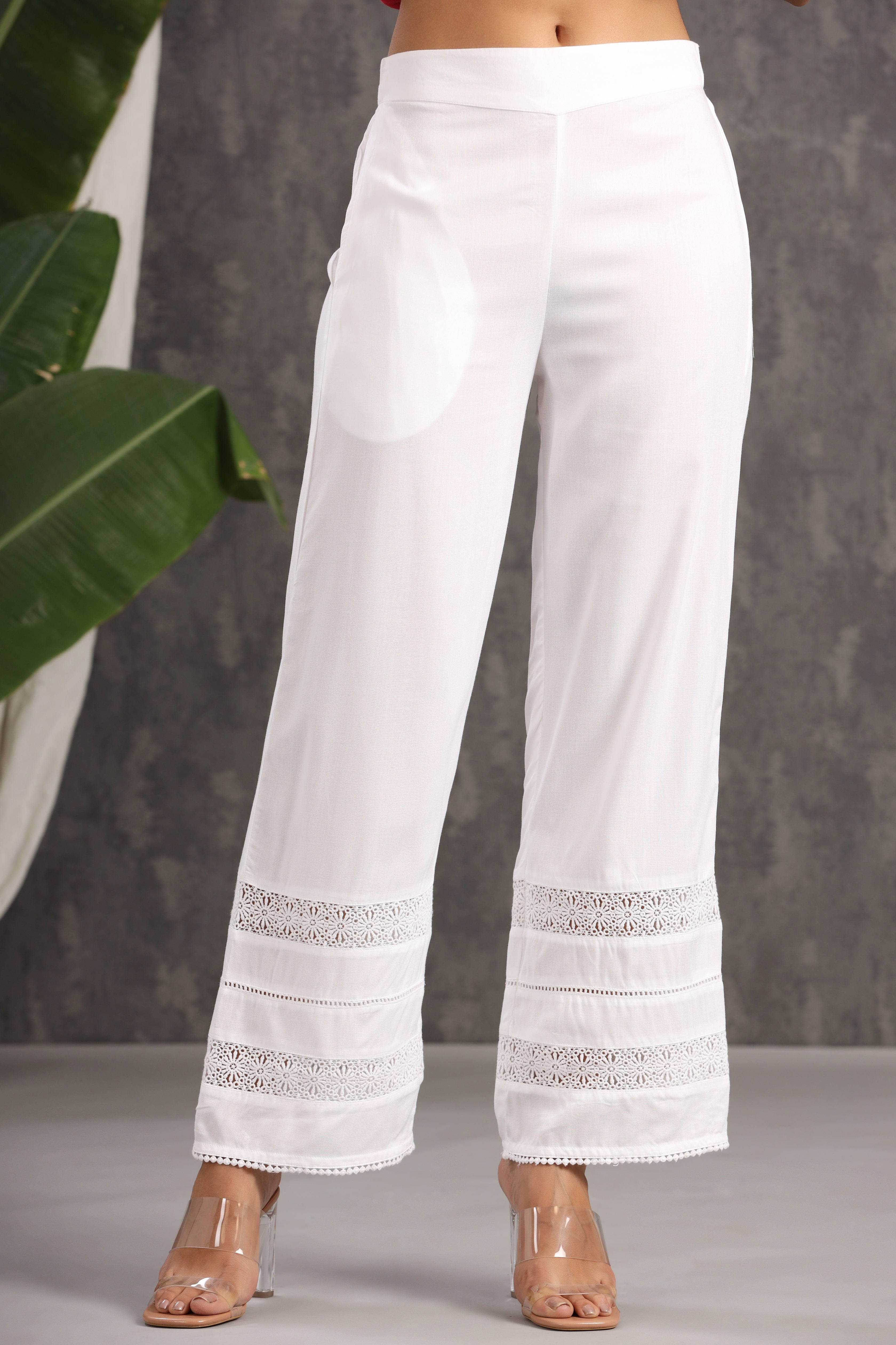 Juniper White Solid Rayon Straight Fit Palazzo With Lace - Juniper Fashion