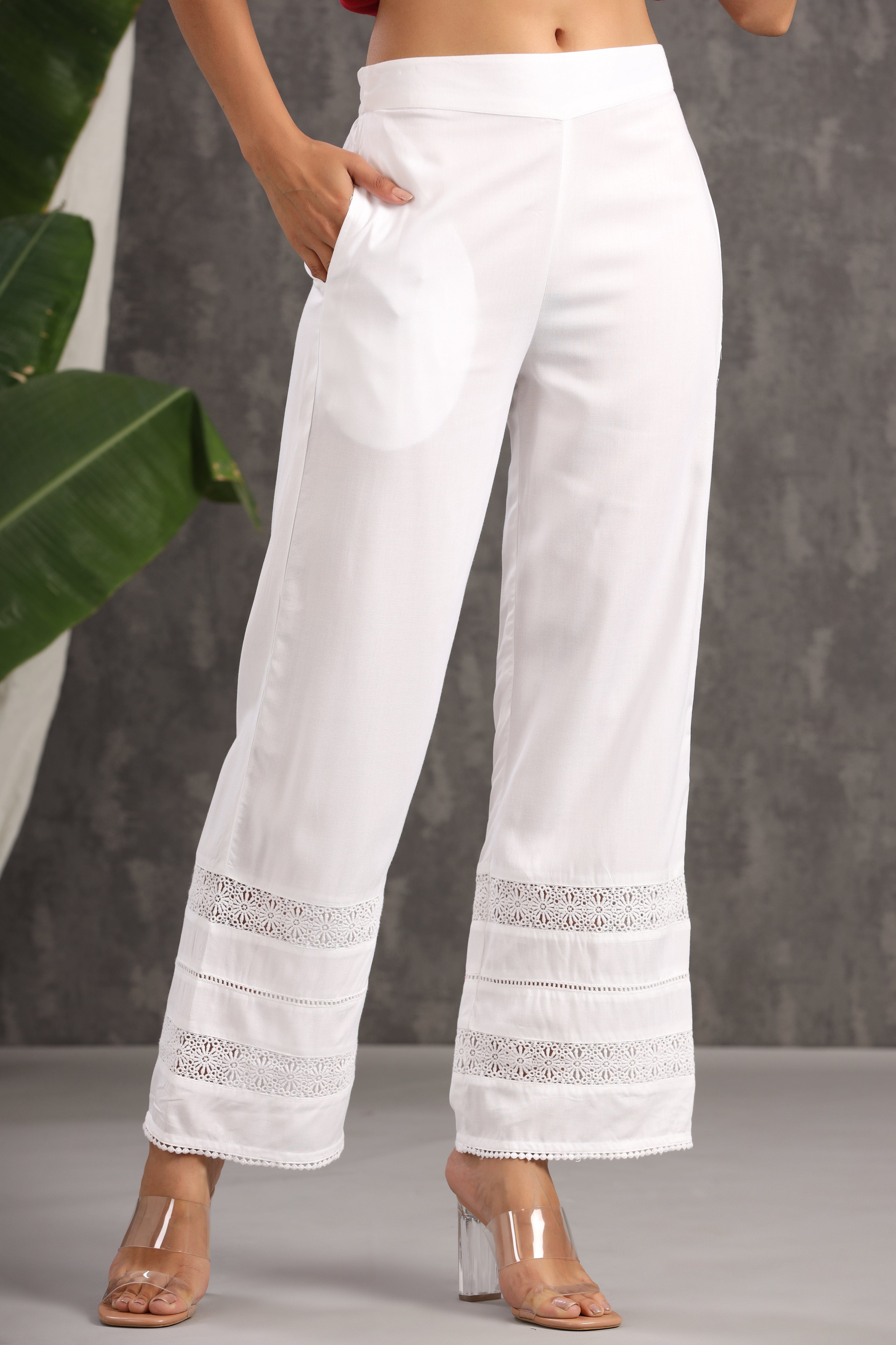 Juniper White Solid Rayon Straight Fit Palazzo With Lace - Juniper Fashion